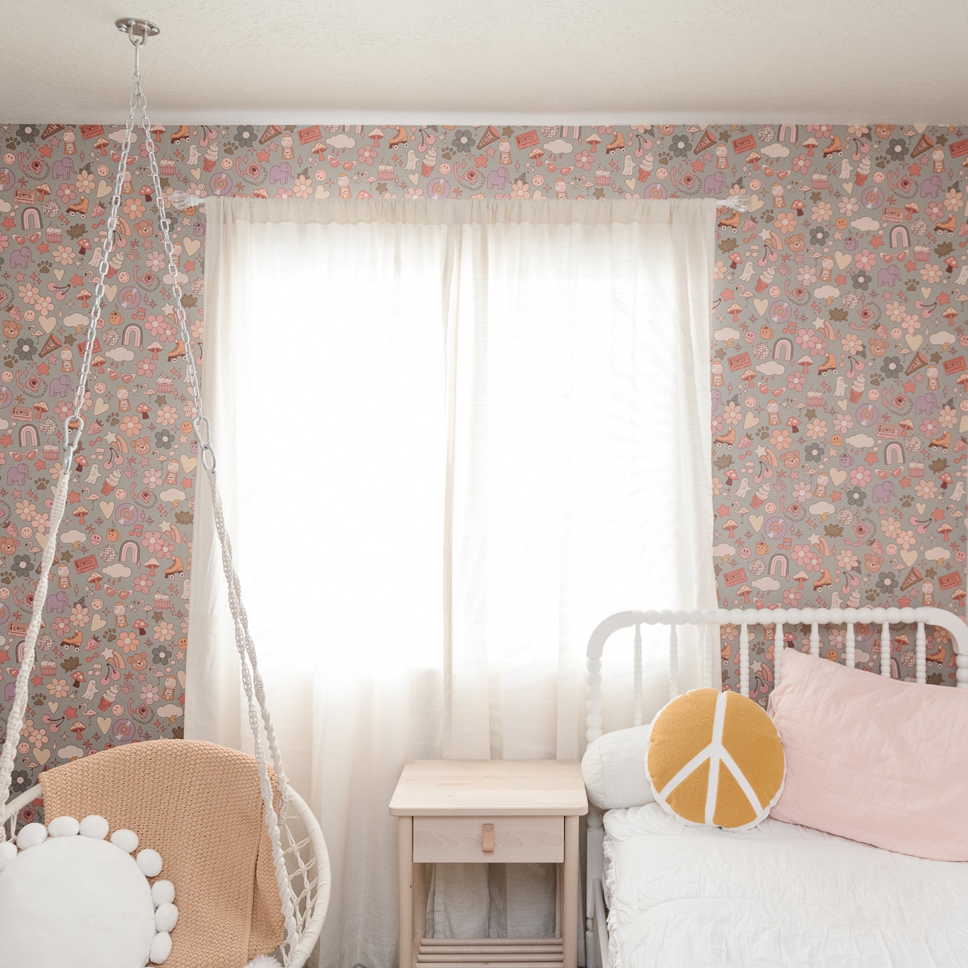Lollie abstract wallpaper by Thread Mama in pink, orange, and grey.
