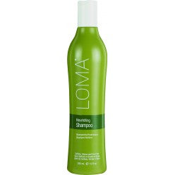 LOMA Nourishing Shampoo bottle in olive green and white packaging, 355ml size.