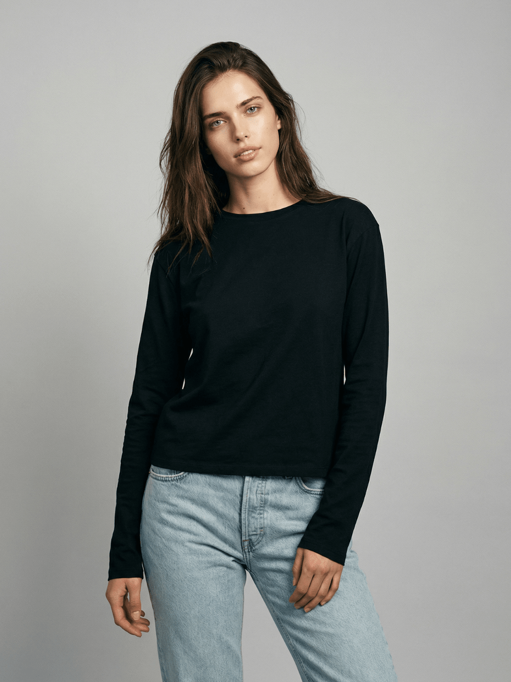 Women's Black Long Sleeve Boxy T-Shirt Relaxed Fit Crewneck - Image 2