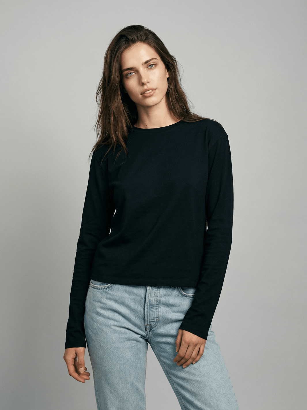 Women's Black Long Sleeve Boxy T-Shirt Relaxed Fit Crewneck - Image 2