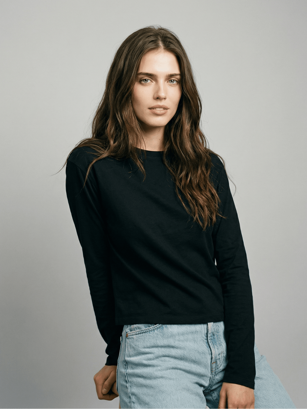 Women's Black Long Sleeve Boxy T-Shirt Relaxed Fit Crewneck - Image 3
