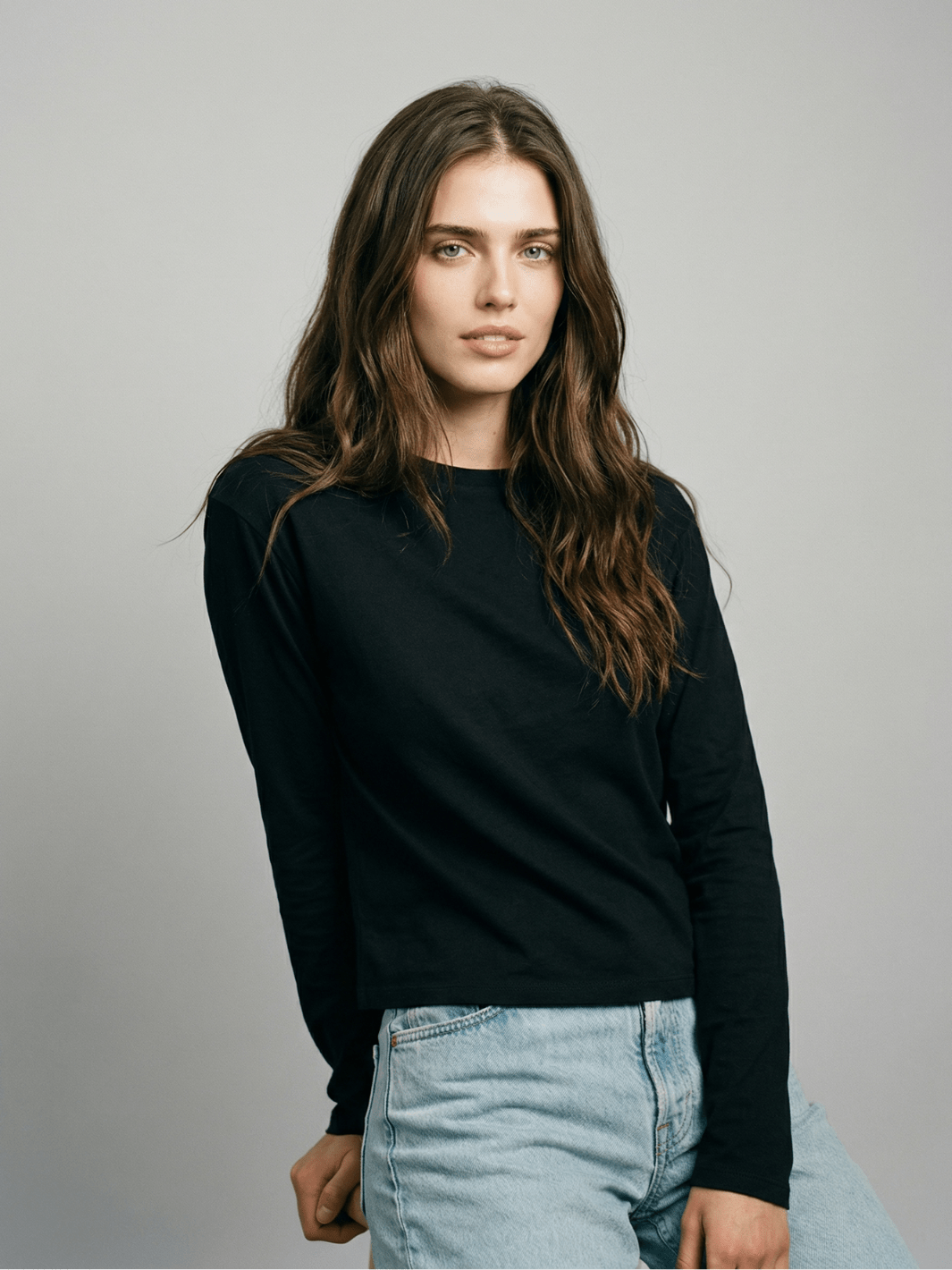 Women's Black Long Sleeve Boxy T-Shirt Relaxed Fit Crewneck - Image 3