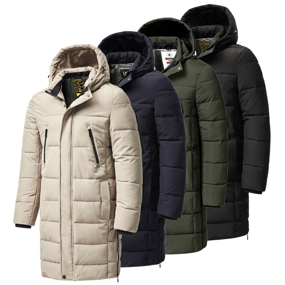 Men’s sporty navy blue winter jacket with removable hood, utility pockets, and adjustable hem.