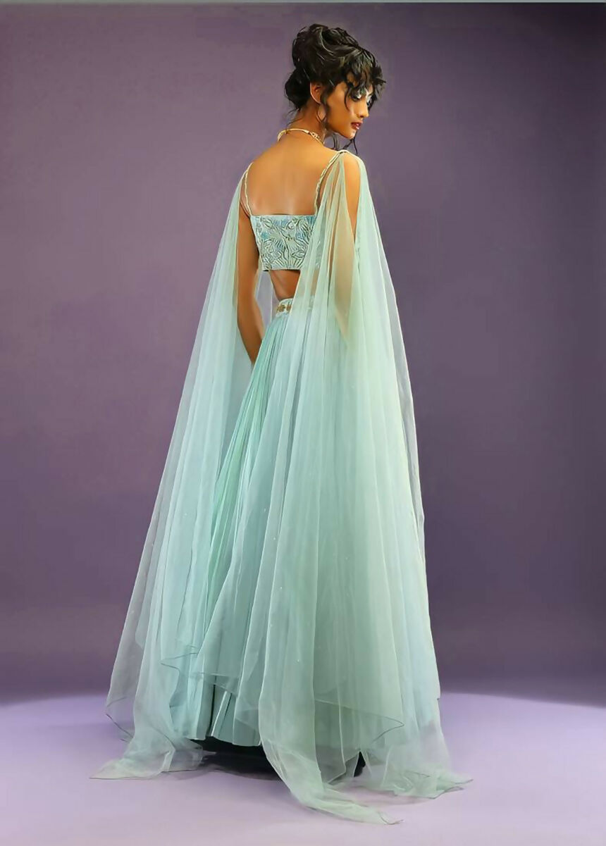 Turquoise Faux Georgette Lehenga Choli with Crush & Zari Work