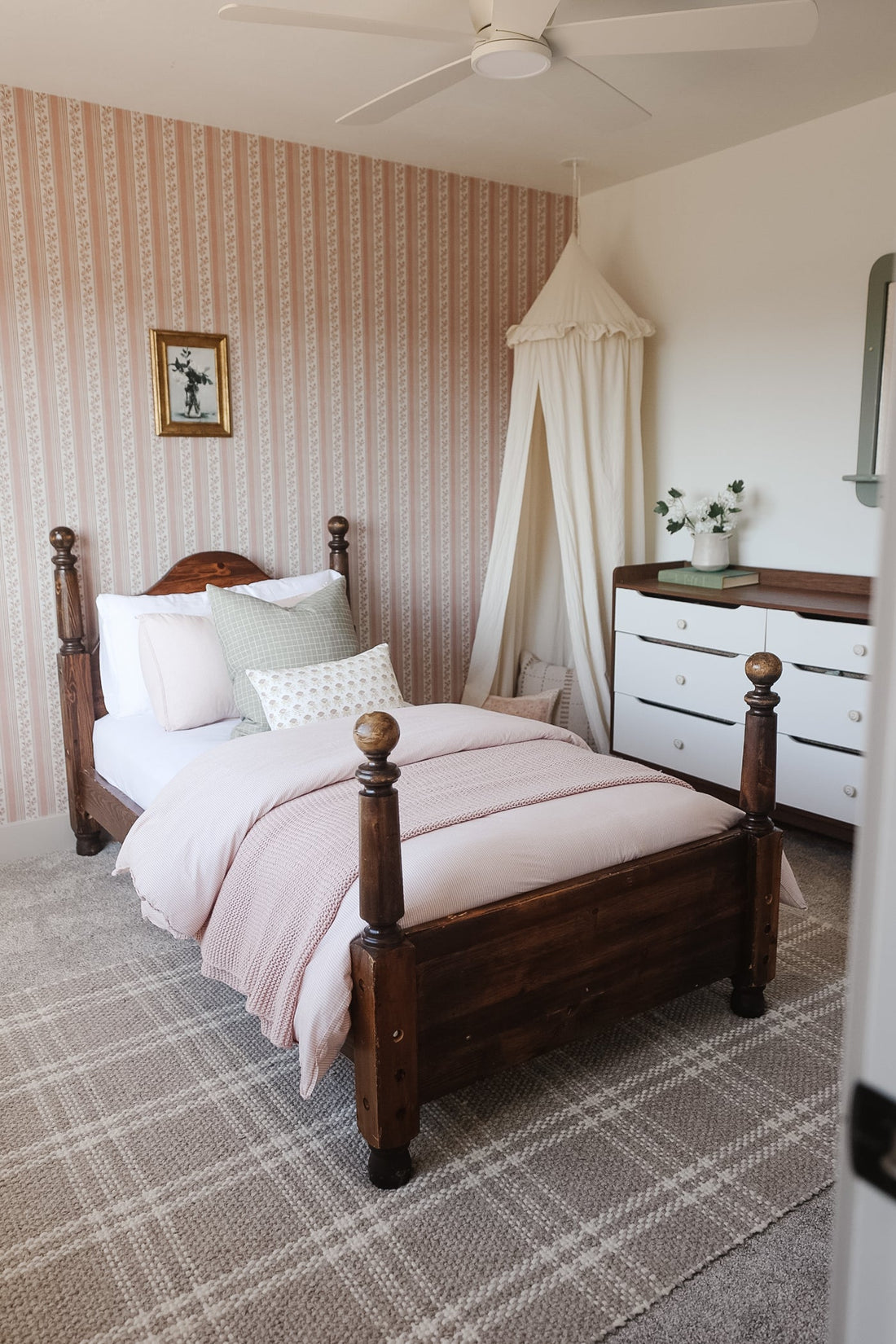 Auggie Striped Wallpaper in Pink, Cream, and Sage-Green