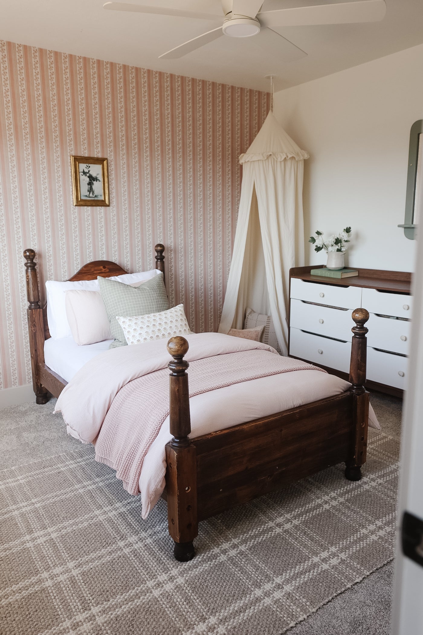 Auggie Striped Wallpaper in Pink, Cream, and Sage-Green