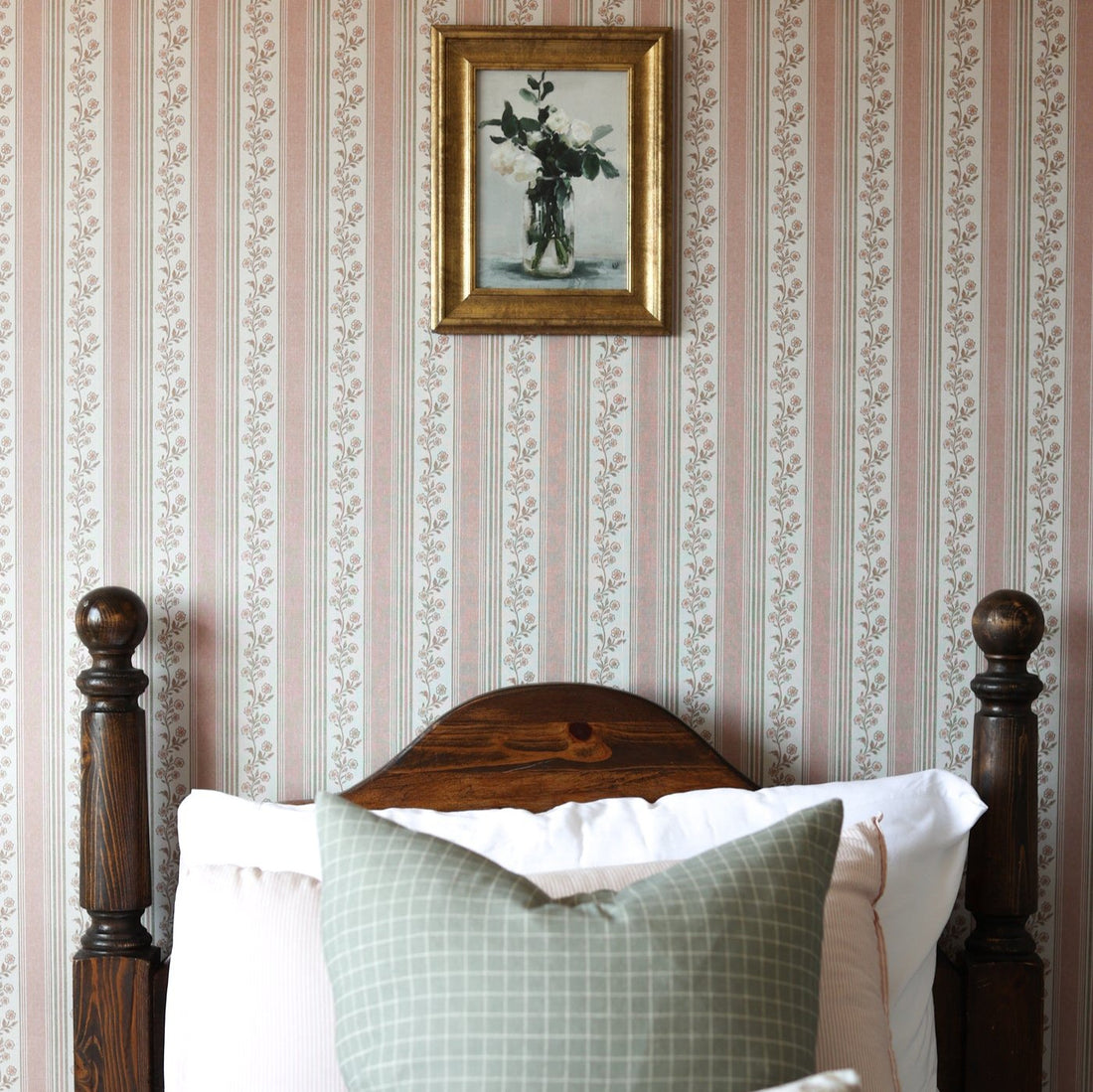 Auggie wallpaper featuring a striped pattern in pink, cream, and sage-green