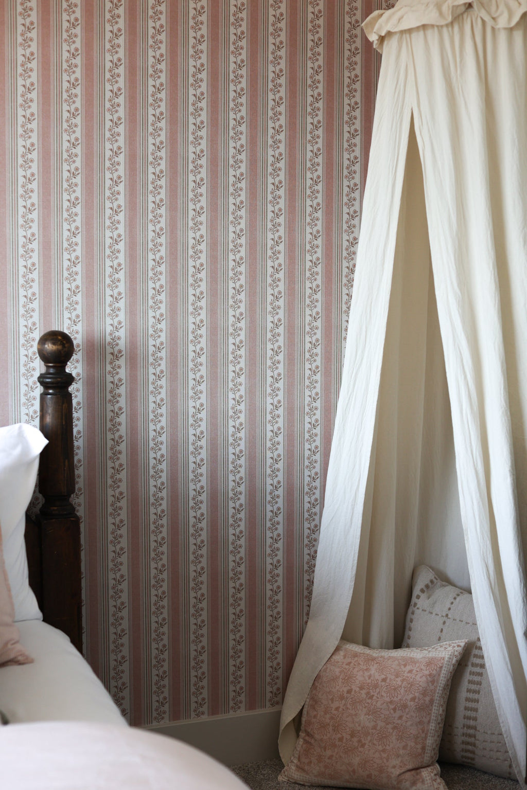 Auggie Striped Wallpaper in Pink, Cream, and Sage-Green