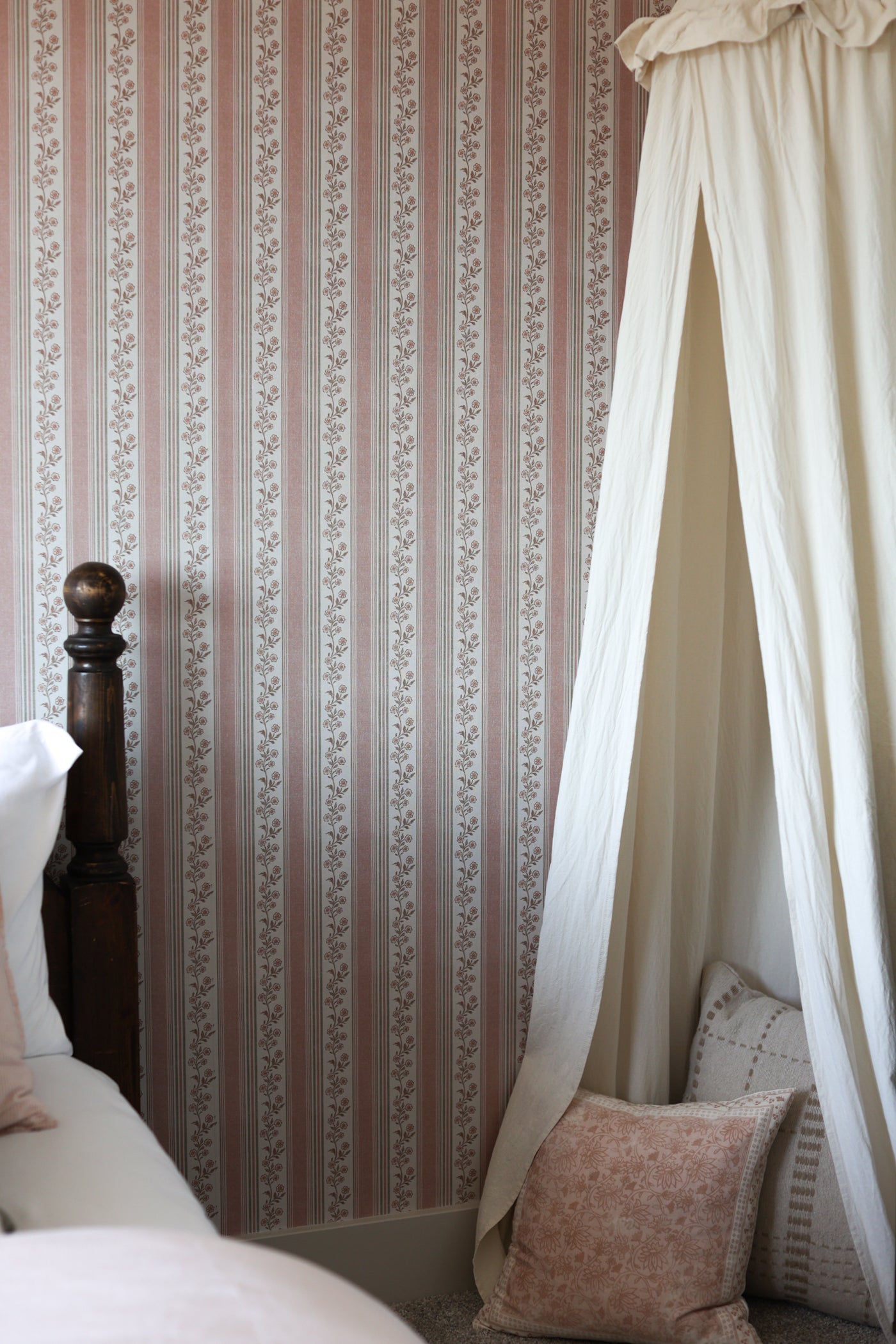 Auggie Striped Wallpaper in Pink, Cream, and Sage-Green