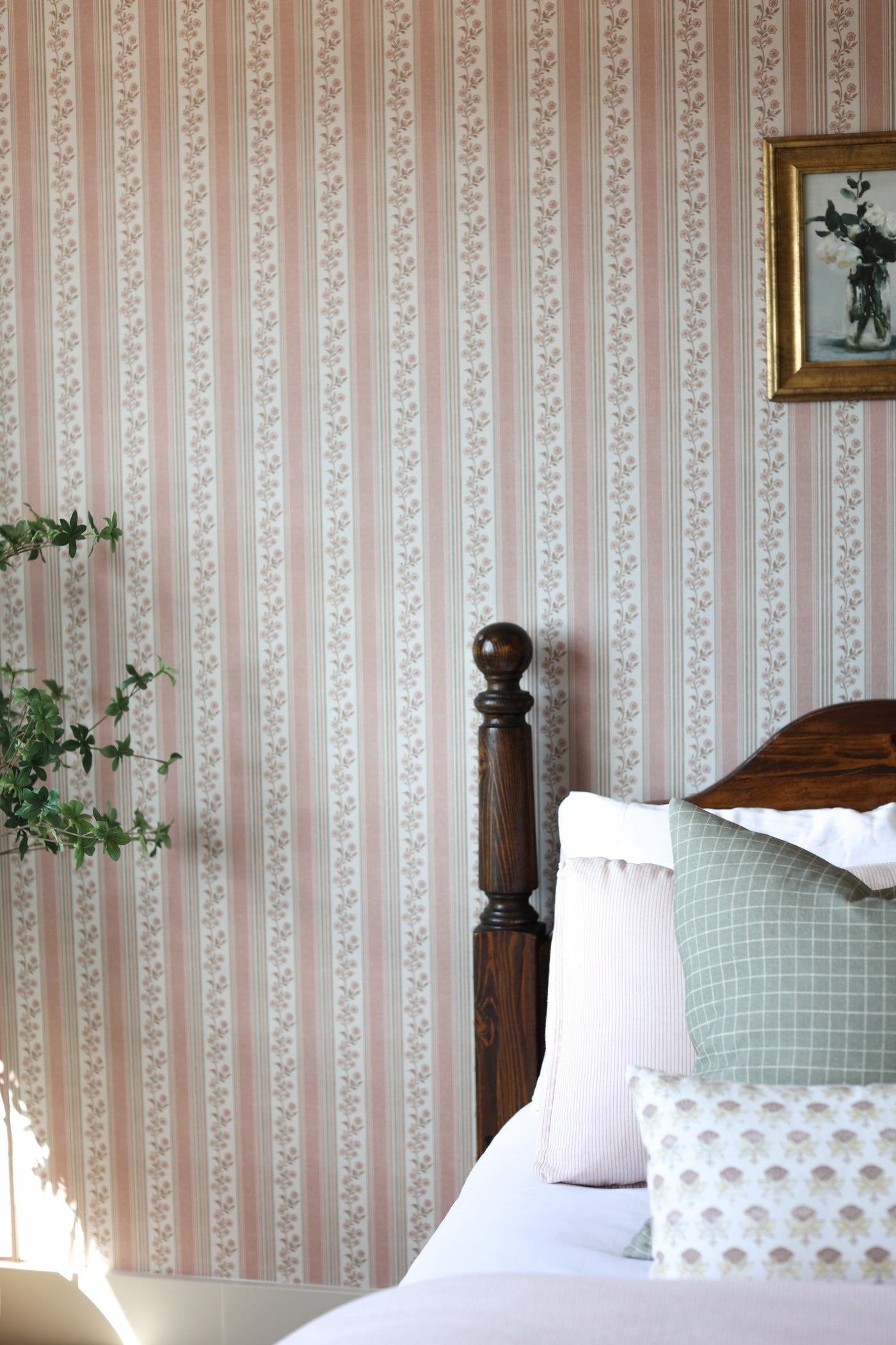Auggie Striped Wallpaper in Pink, Cream, and Sage-Green