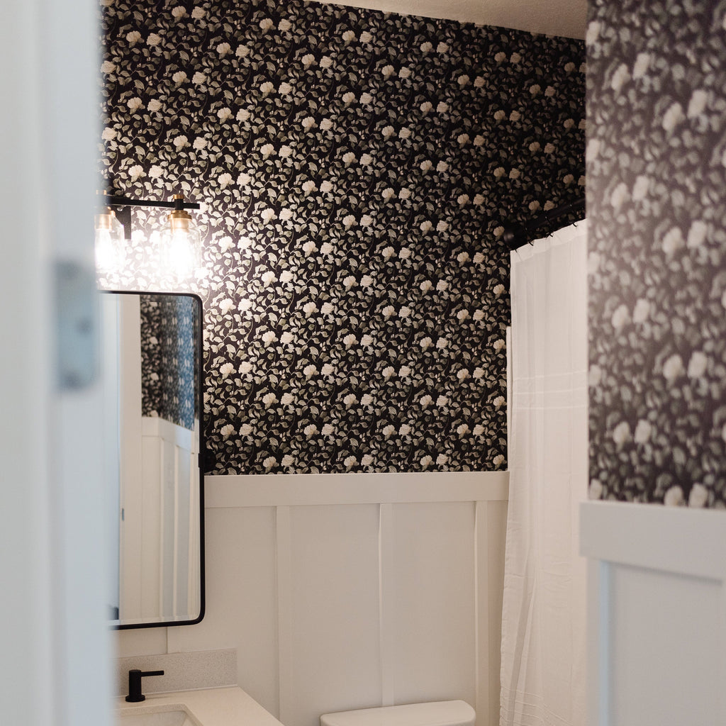 Lancaster Floral Wallpaper in White, Green, Cream, and Black