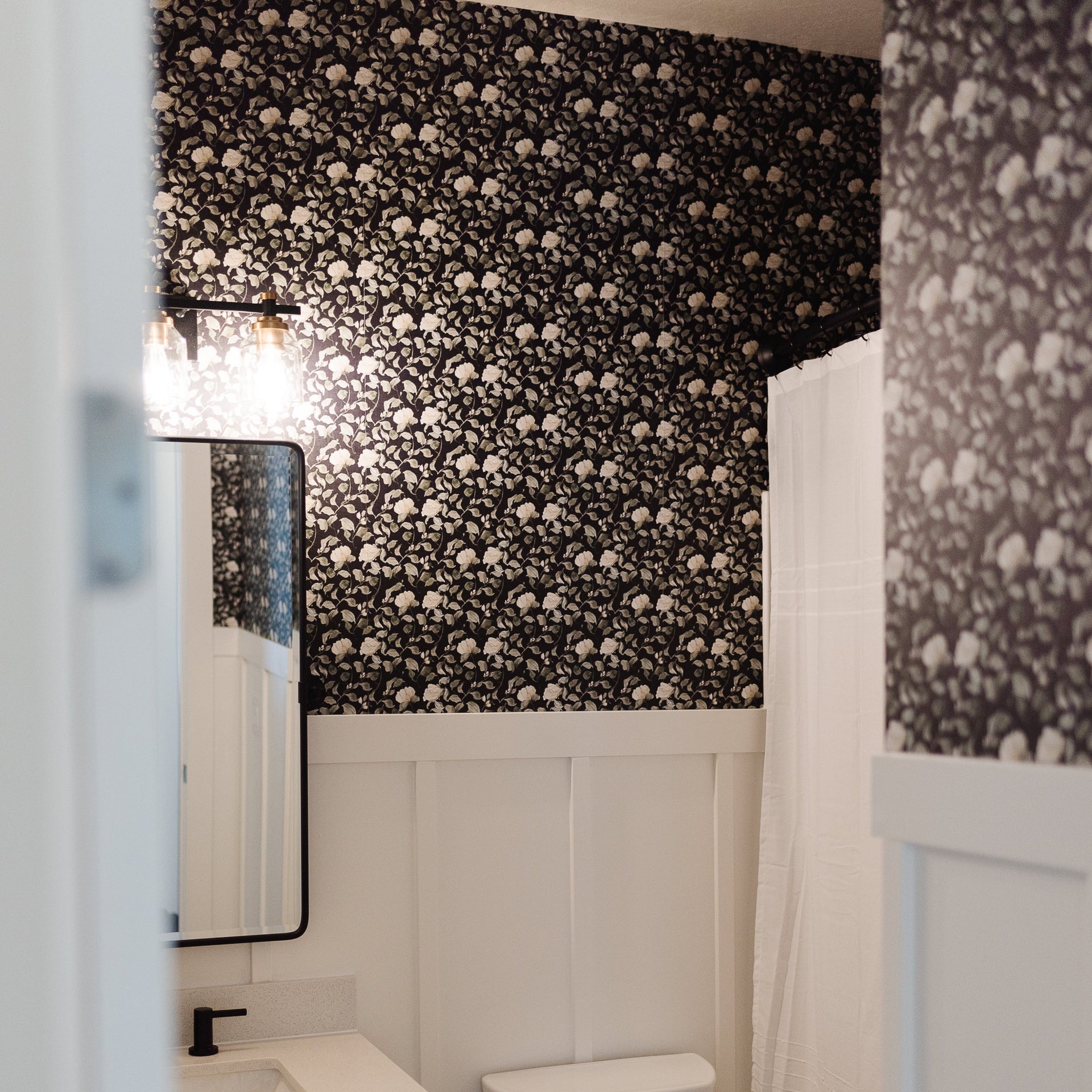 Lancaster Floral Wallpaper in White, Green, Cream, and Black
