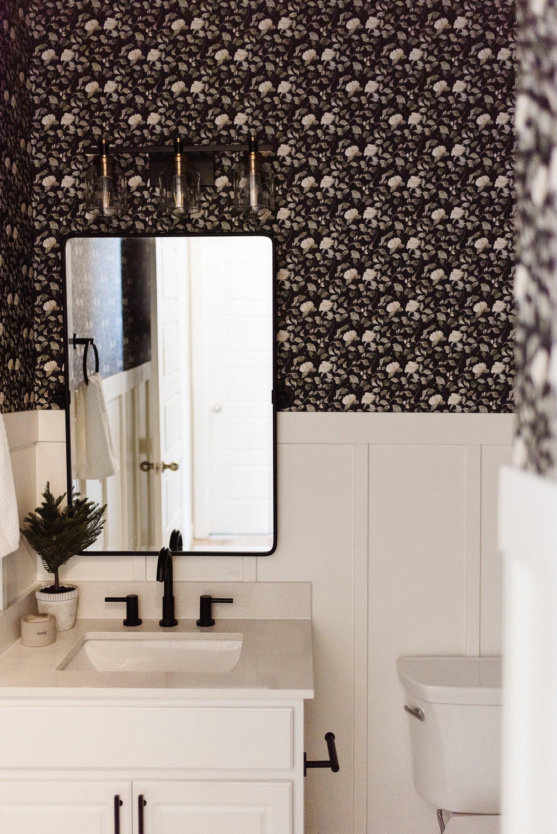 Lancaster Floral Wallpaper in White, Green, Cream, and Black