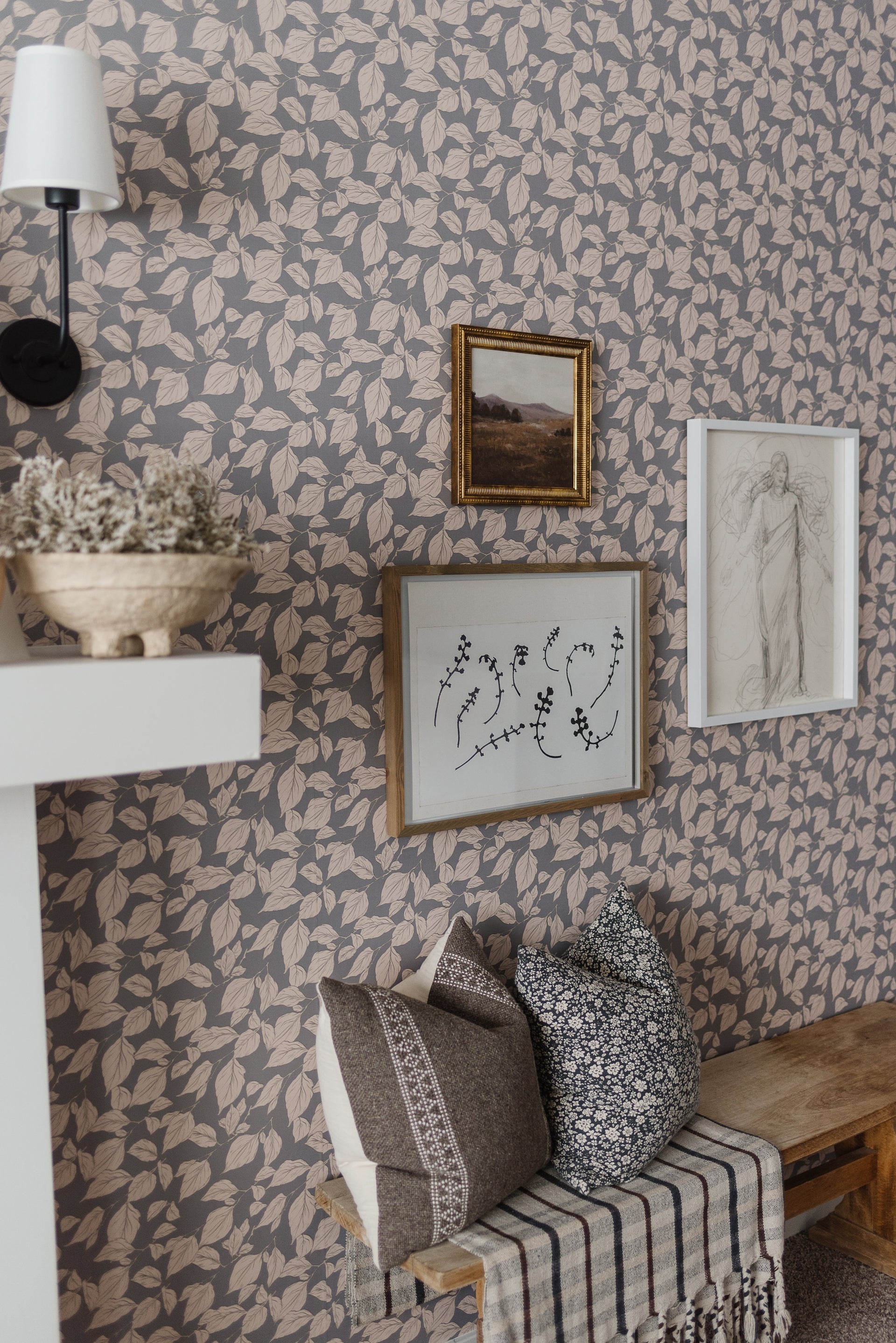 Windermere Floral Wallpaper in Pink, Grey and Blue