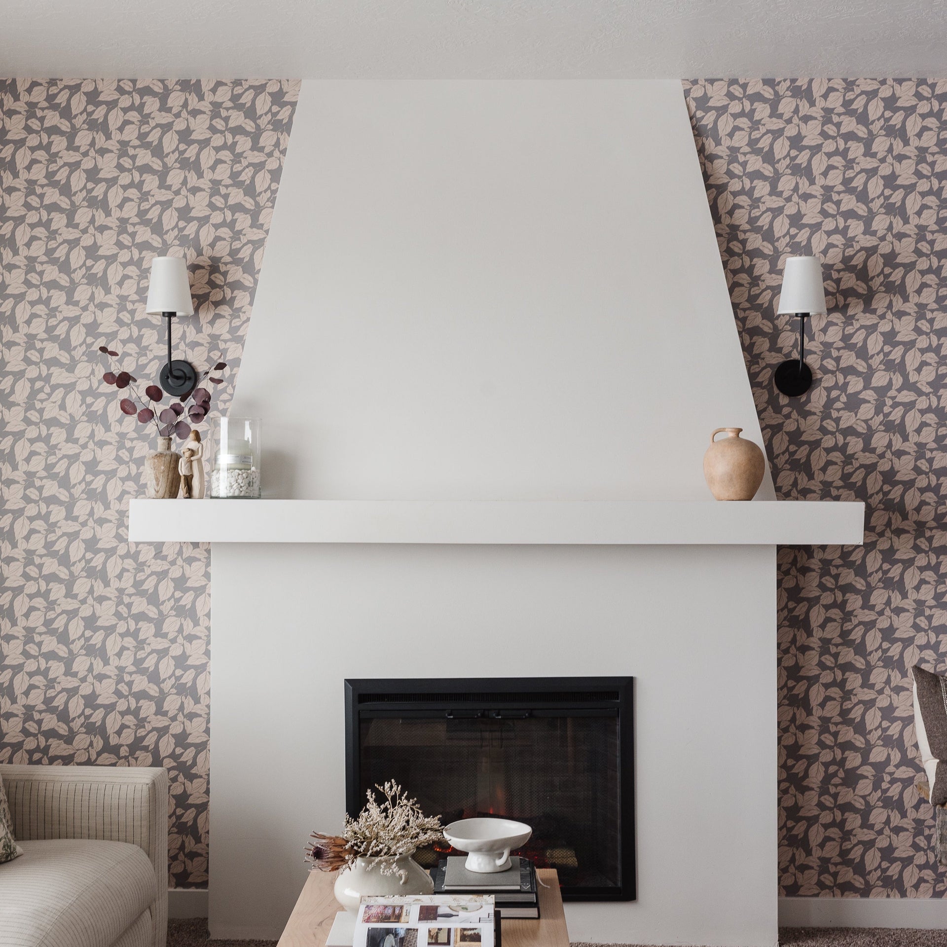 Windermere floral pattern wallpaper in pink, grey, and blue tones