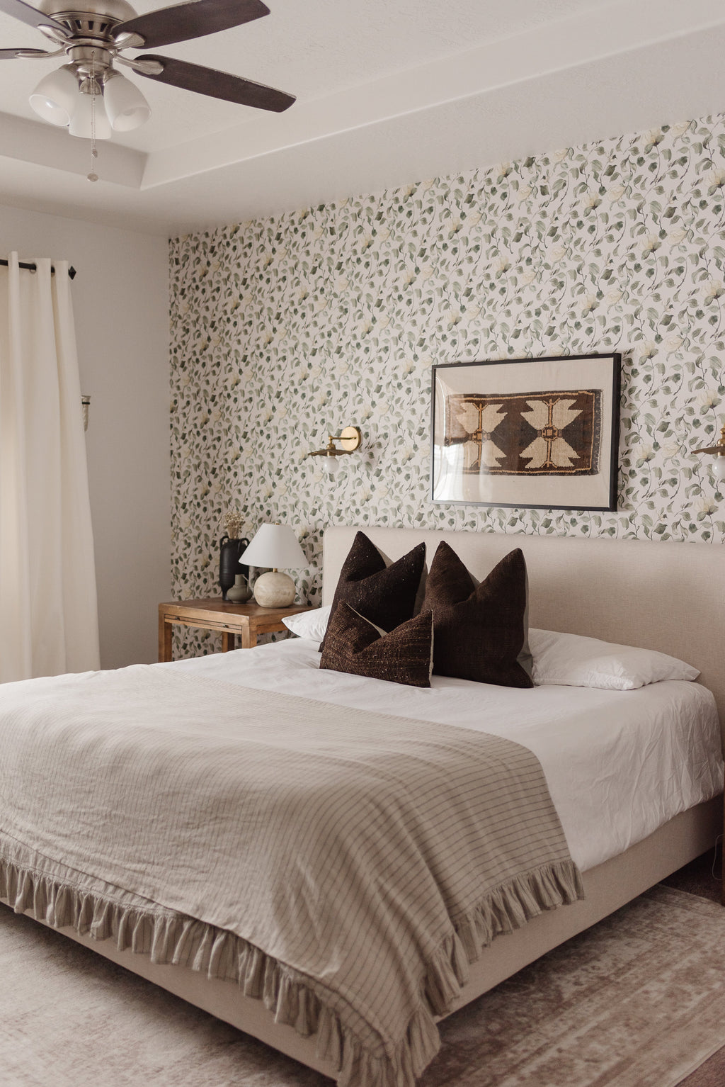 Lancaster Floral Wallpaper in White, Green, Cream, and Black
