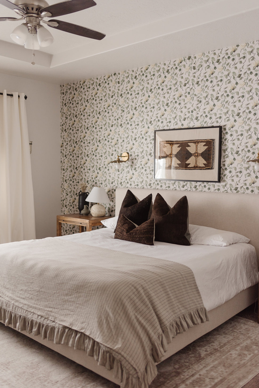 Lancaster Floral Wallpaper in White, Green, Cream, and Black