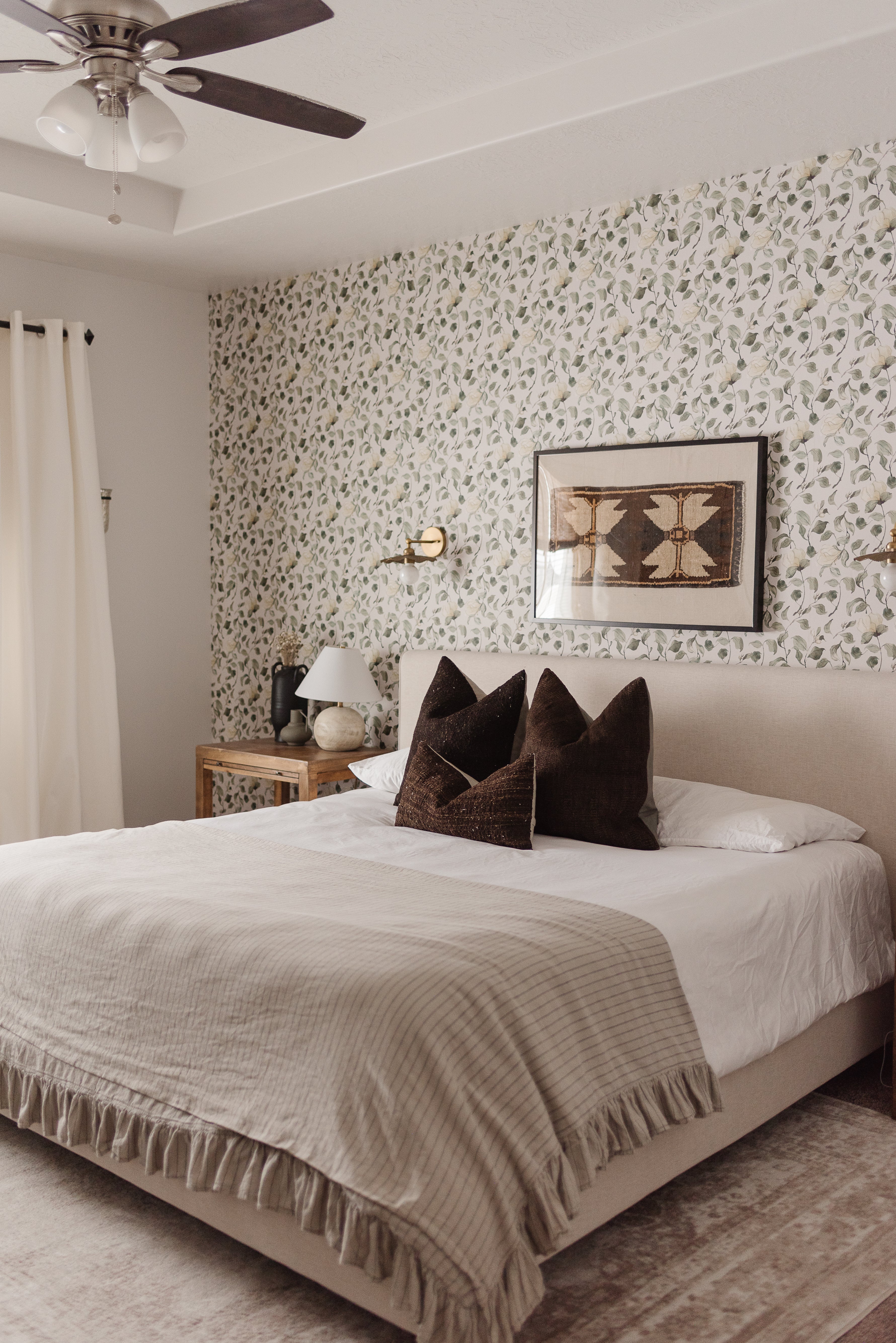 Lancaster Floral Wallpaper in White, Green, Cream, and Black