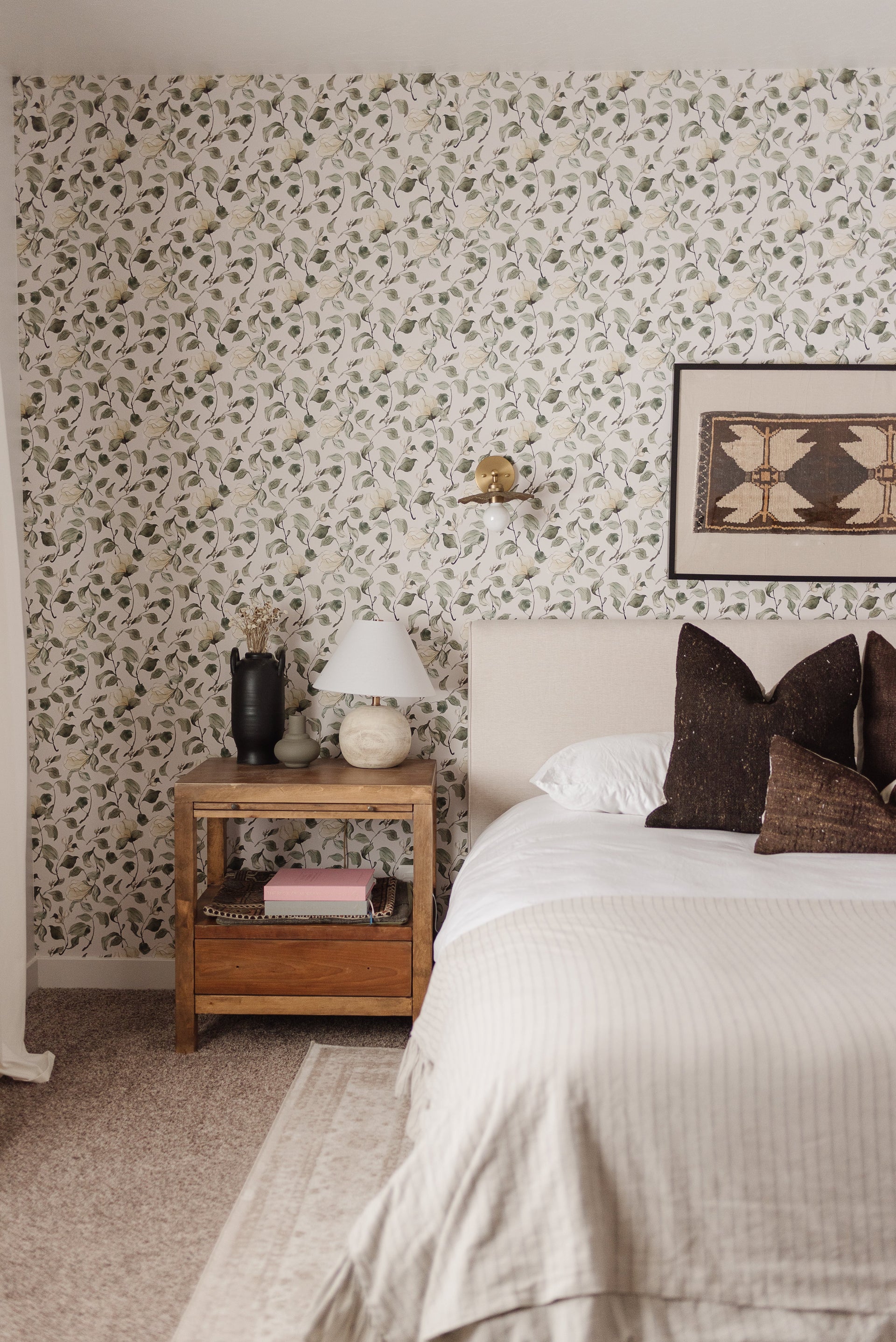 Lancaster Floral Wallpaper in White, Green, Cream, and Black