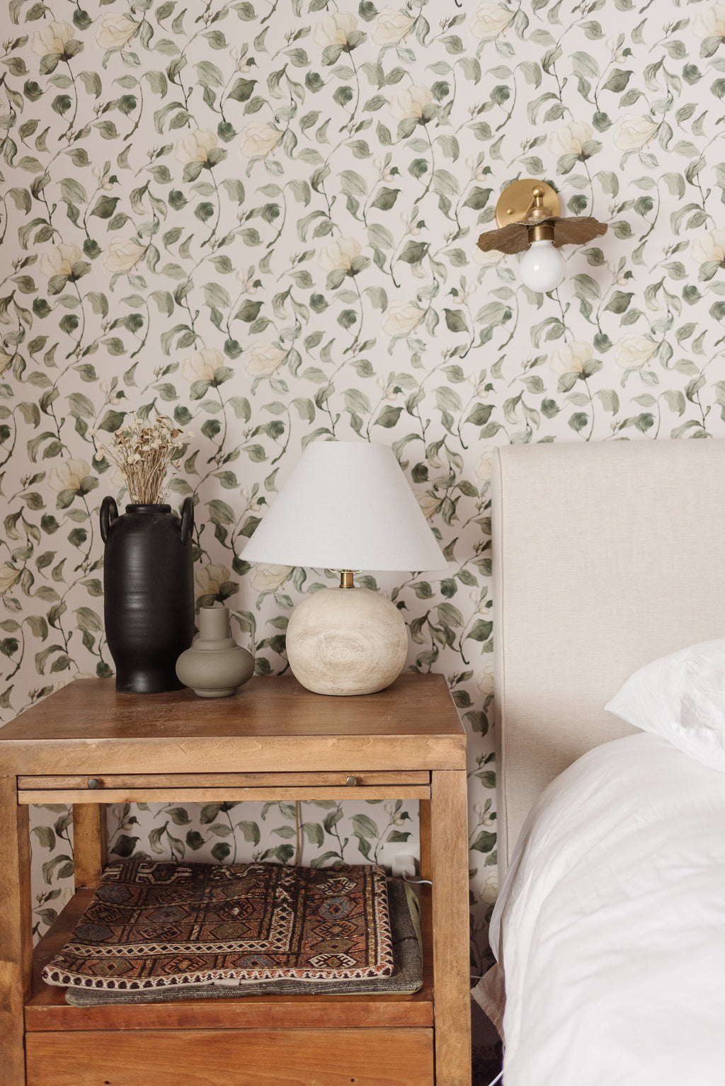 Lancaster Floral Wallpaper in White, Green, Cream, and Black