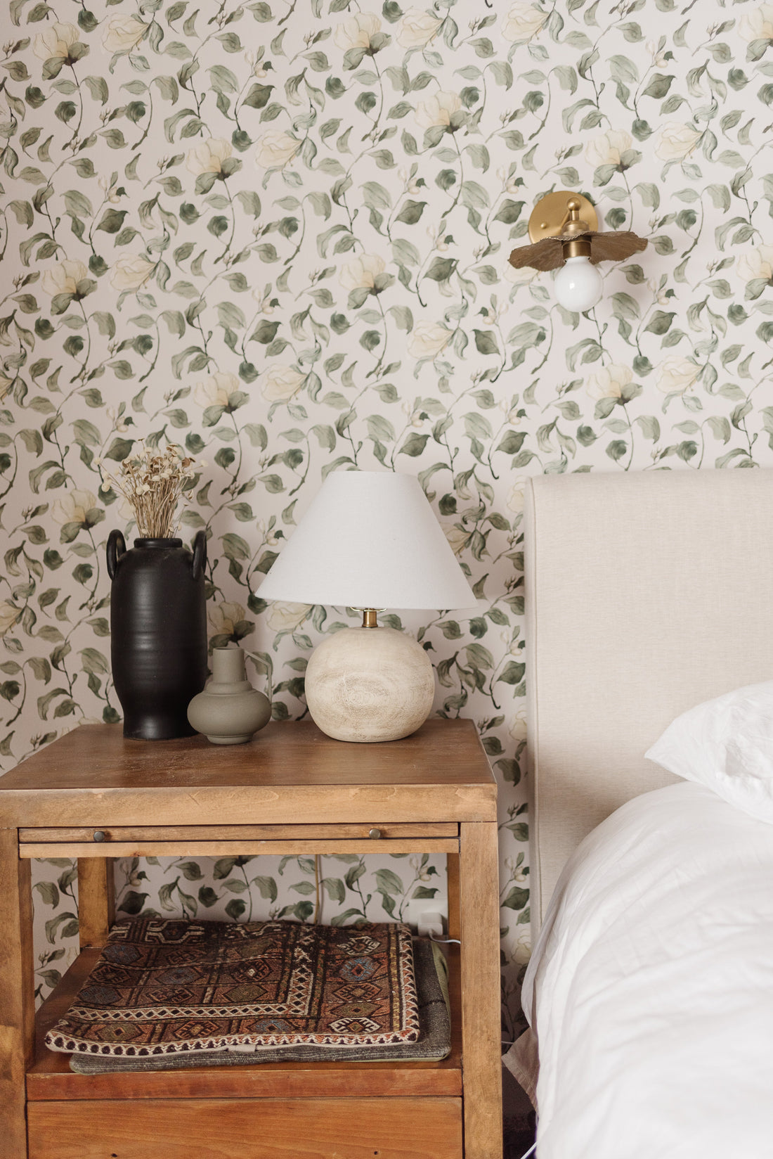 Lancaster Floral Wallpaper in White, Green, Cream, and Black