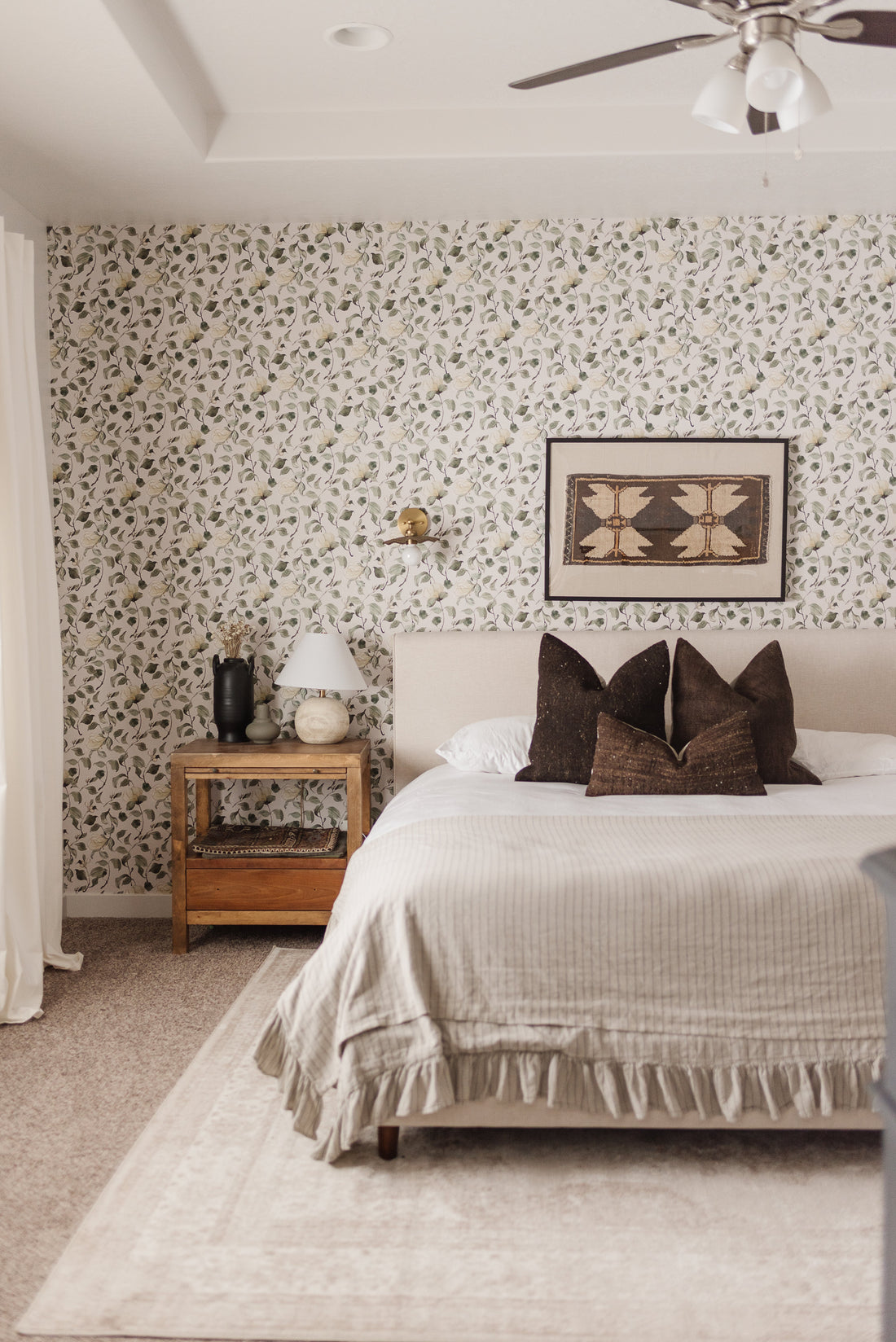 Lancaster Floral Wallpaper in White, Green, Cream, and Black