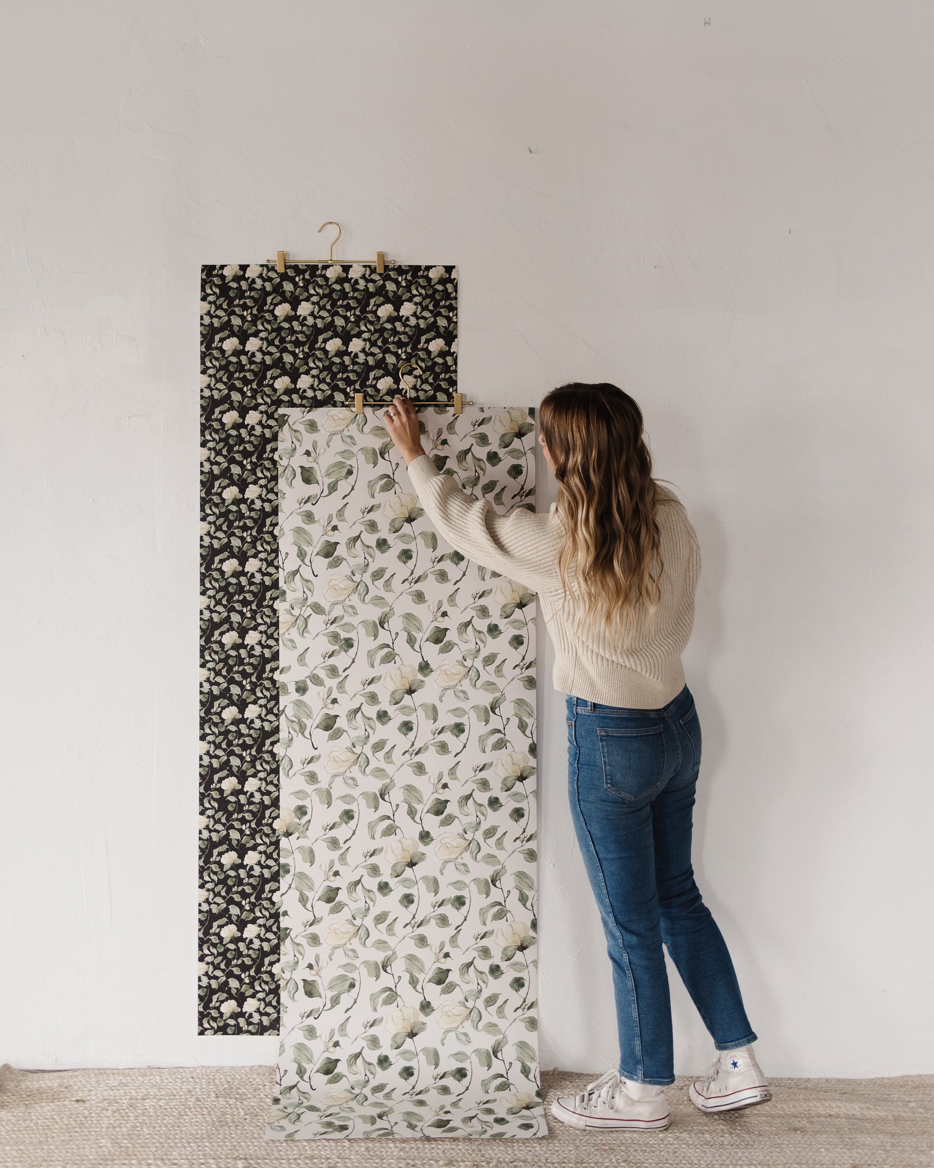 Lancaster Floral Wallpaper in White, Green, Cream, and Black