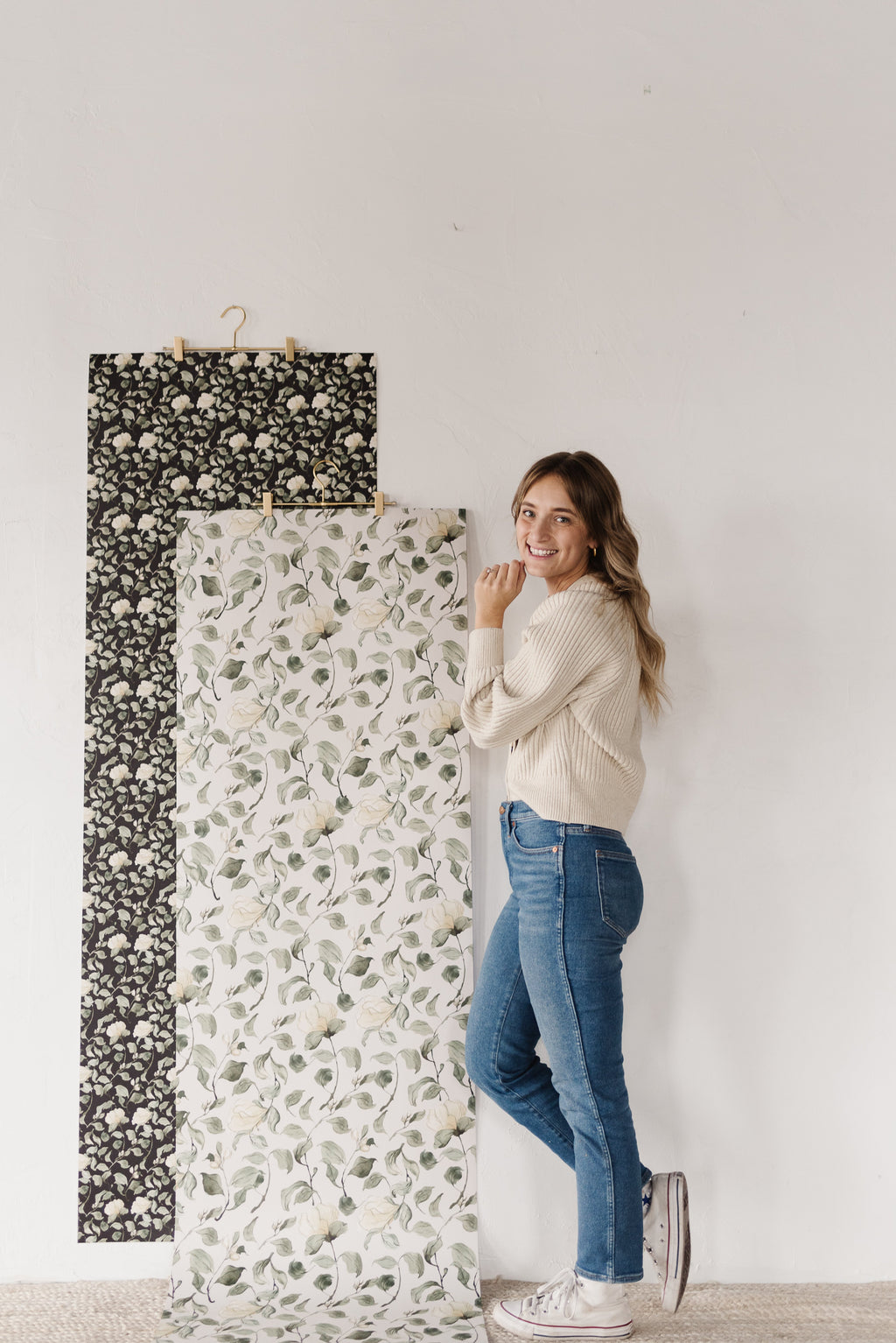 Lancaster Floral Wallpaper in White, Green, Cream, and Black