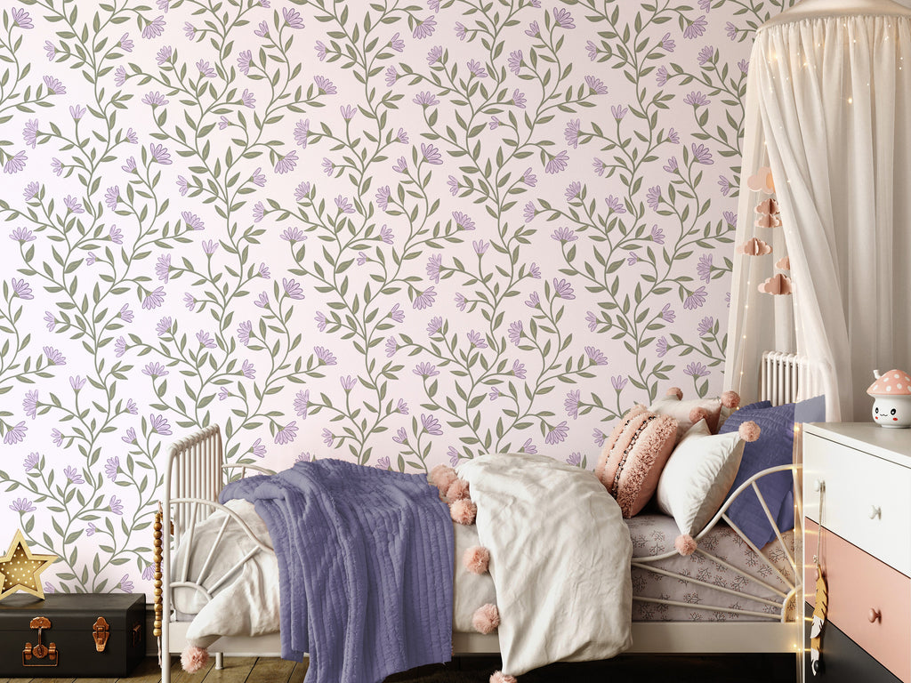 Kali Floral Wallpaper in Light Blue, Sage Green and White