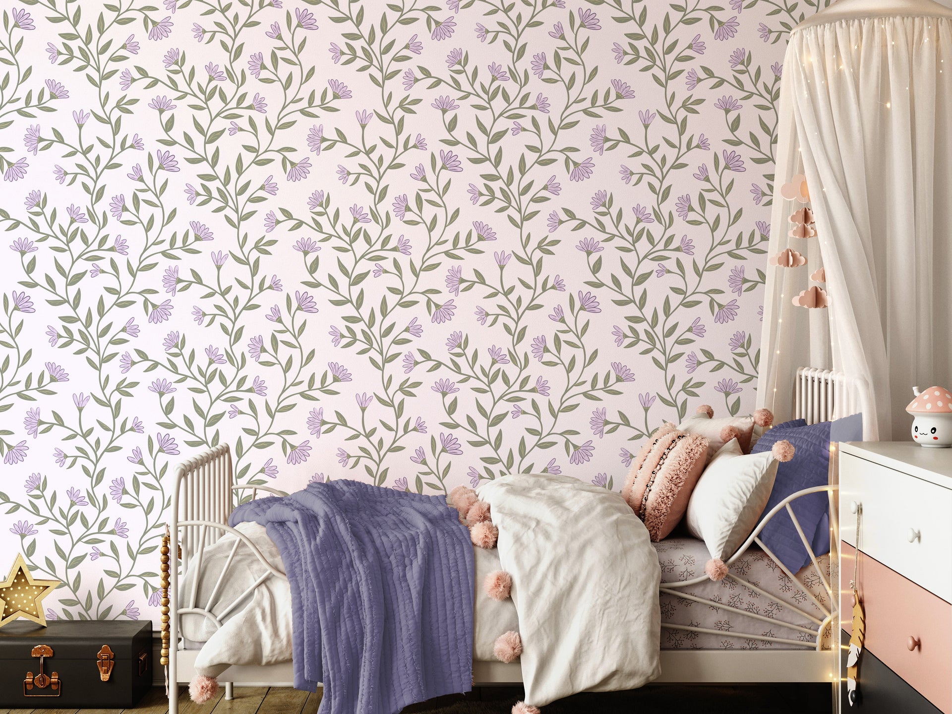 Kali Floral Wallpaper in Light Blue, Sage Green and White