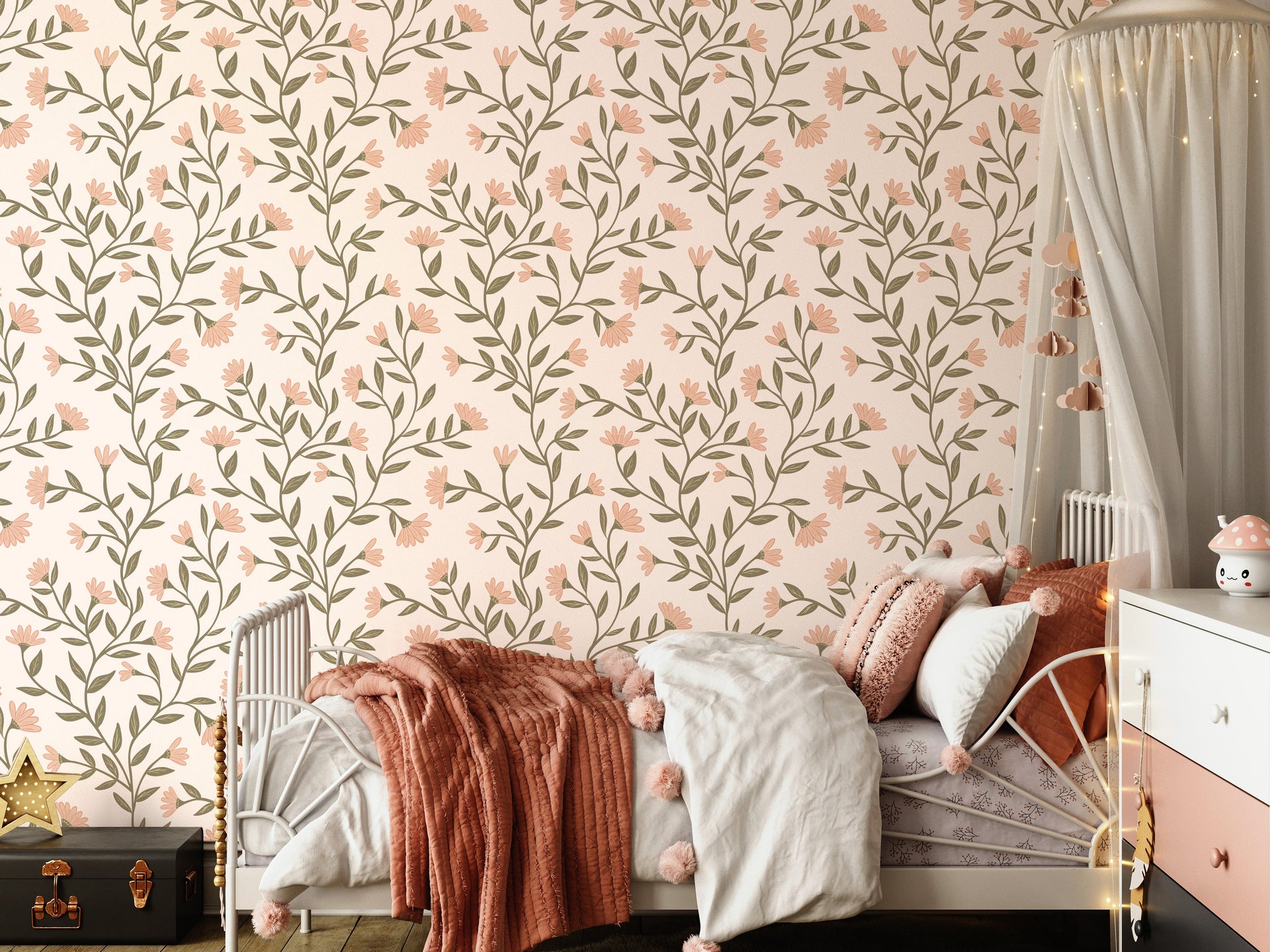 Kali Floral Wallpaper in Light Blue, Sage Green and White