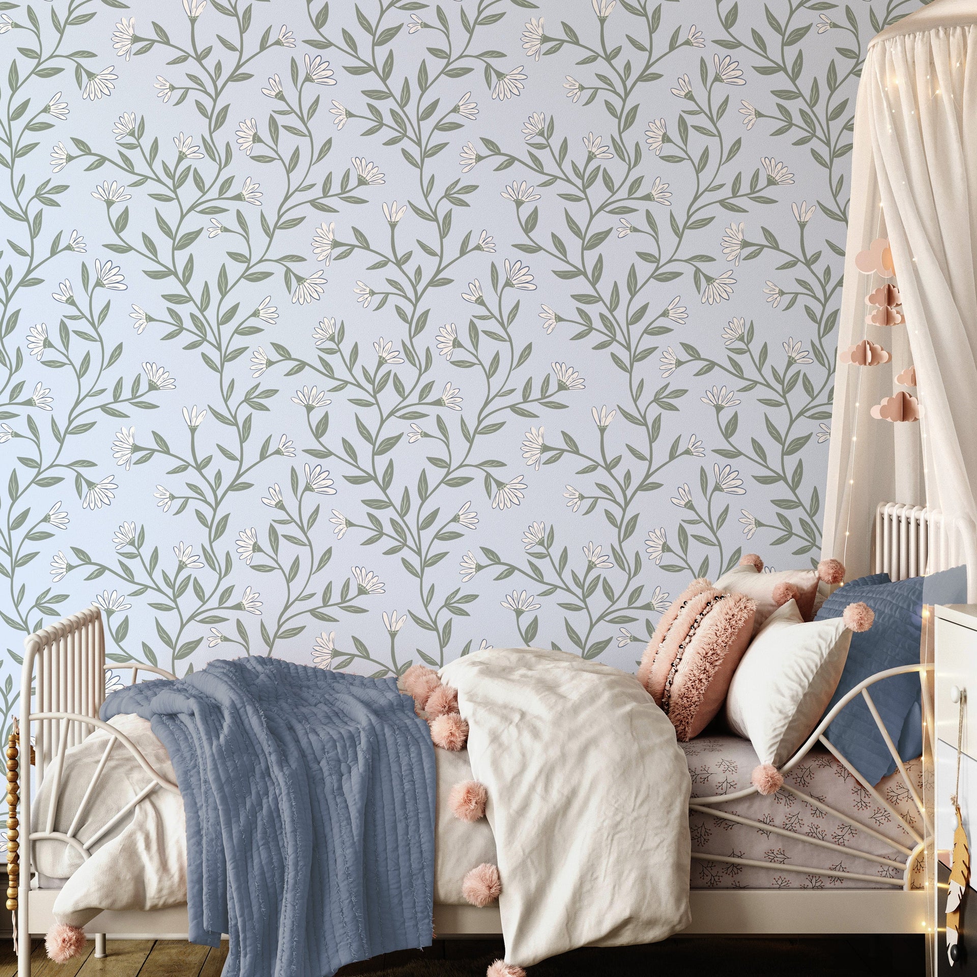 Kali wallpaper with light blue, sage green, and white floral print in a bohemian style room.