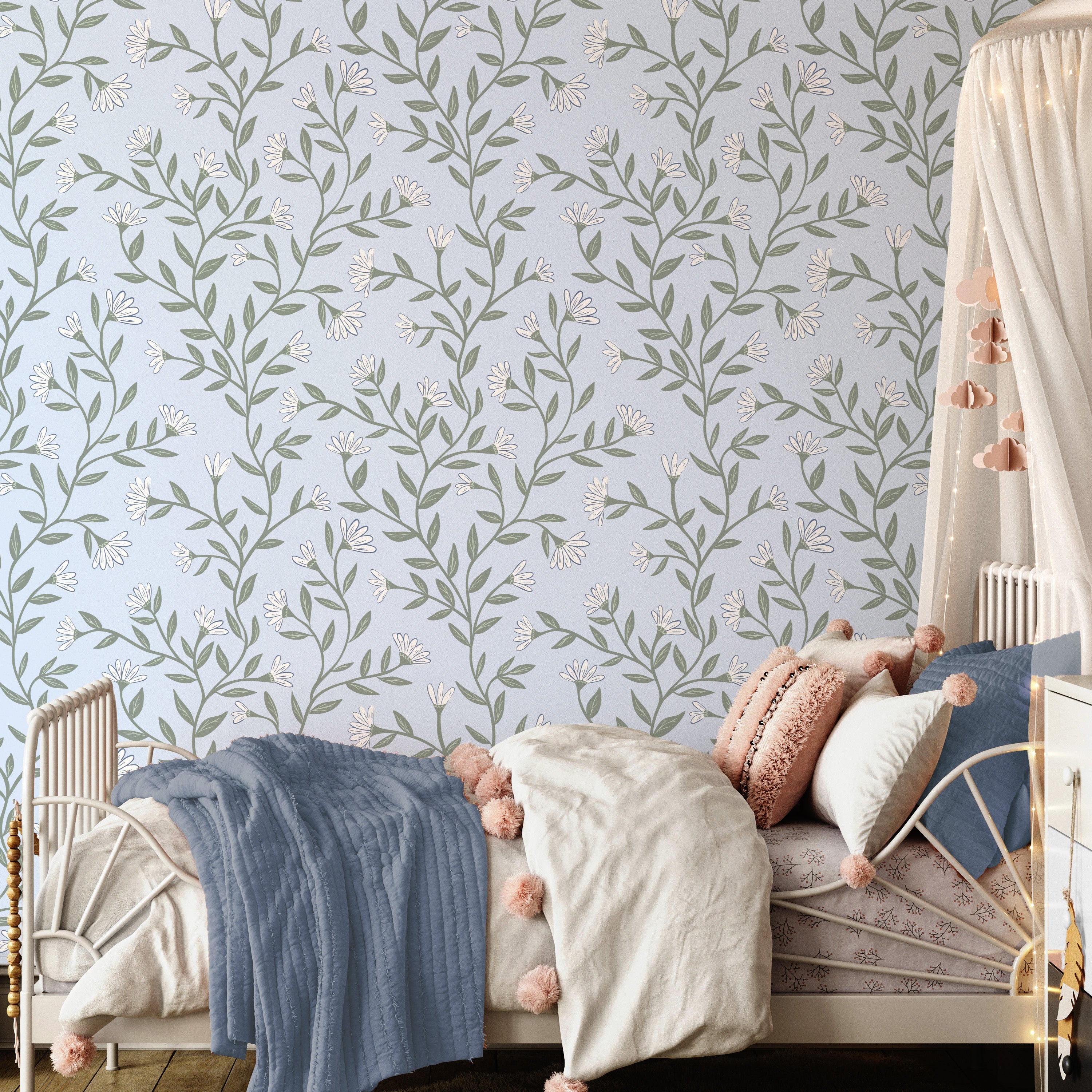 Kali wallpaper with light blue, sage green, and white floral print in a bohemian style room.