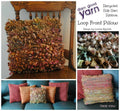 Close-up of a handmade bohemian loop pillow featuring recycled silk sari ribbon in earth tones like rust, olive, and muted pink.