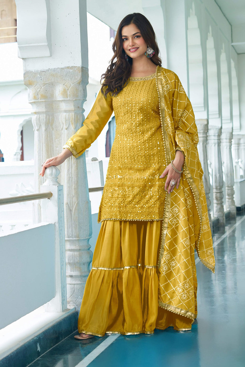 Yellow Chinon Silk Kurta Set with Embroidery and Sequence Work