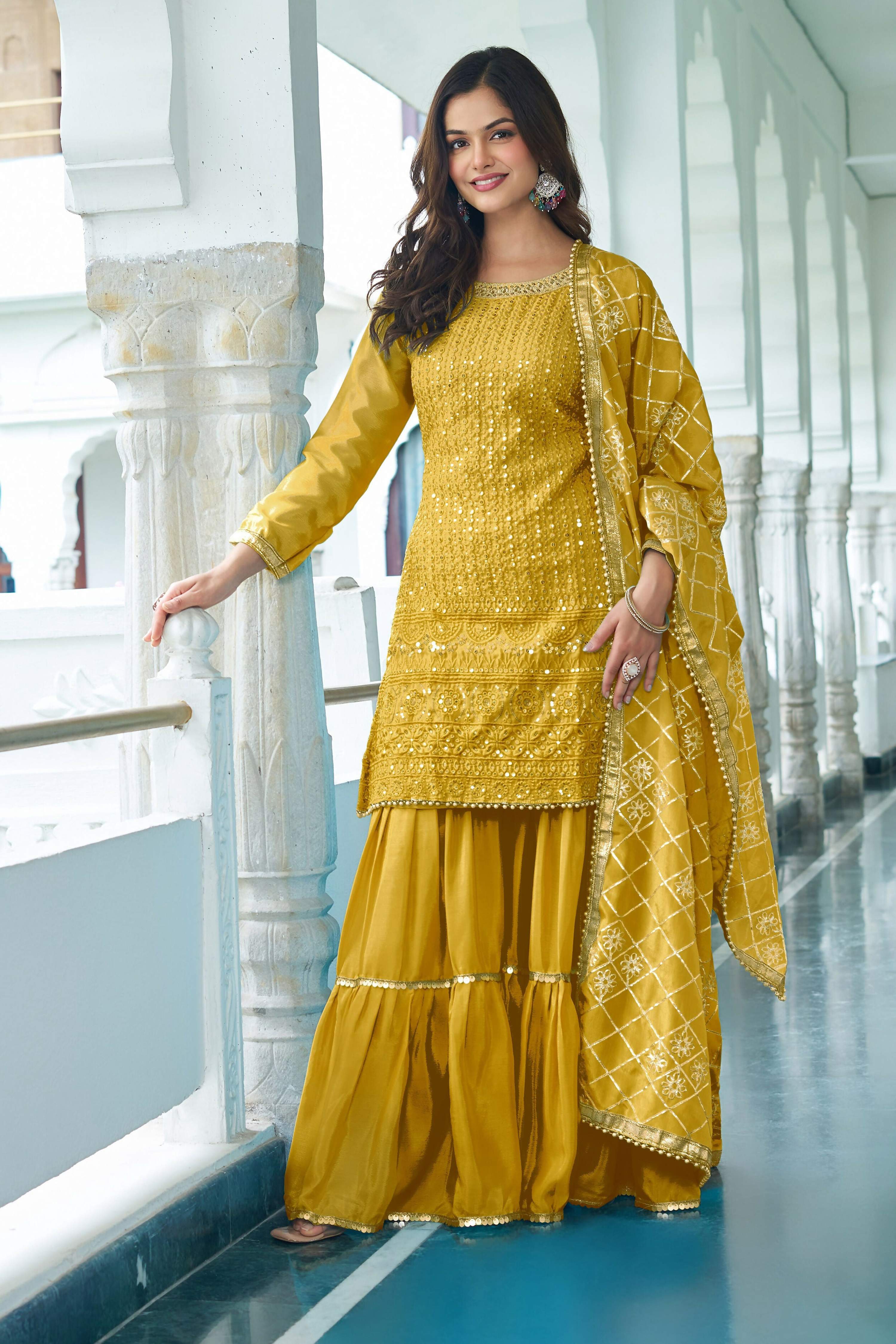 Yellow Chinon Silk Kurta Set with Embroidery and Sequence Work