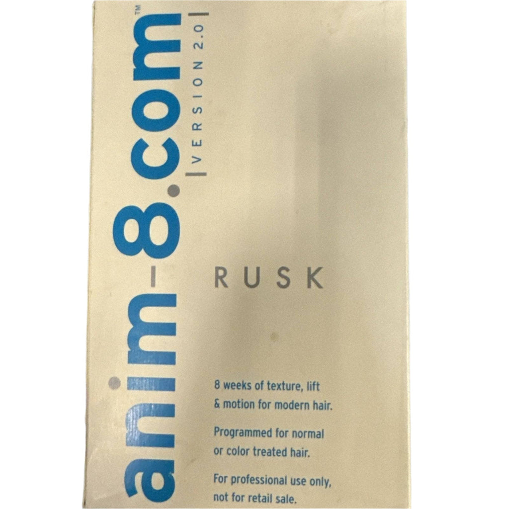 A set of five Rusk Anim8 Texture Spray bottles in beige and blue packaging for professional styling.