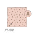 Square 40x40 inch peachy pink baby swaddle blanket with a brown teddy bear pattern labeled Lottie