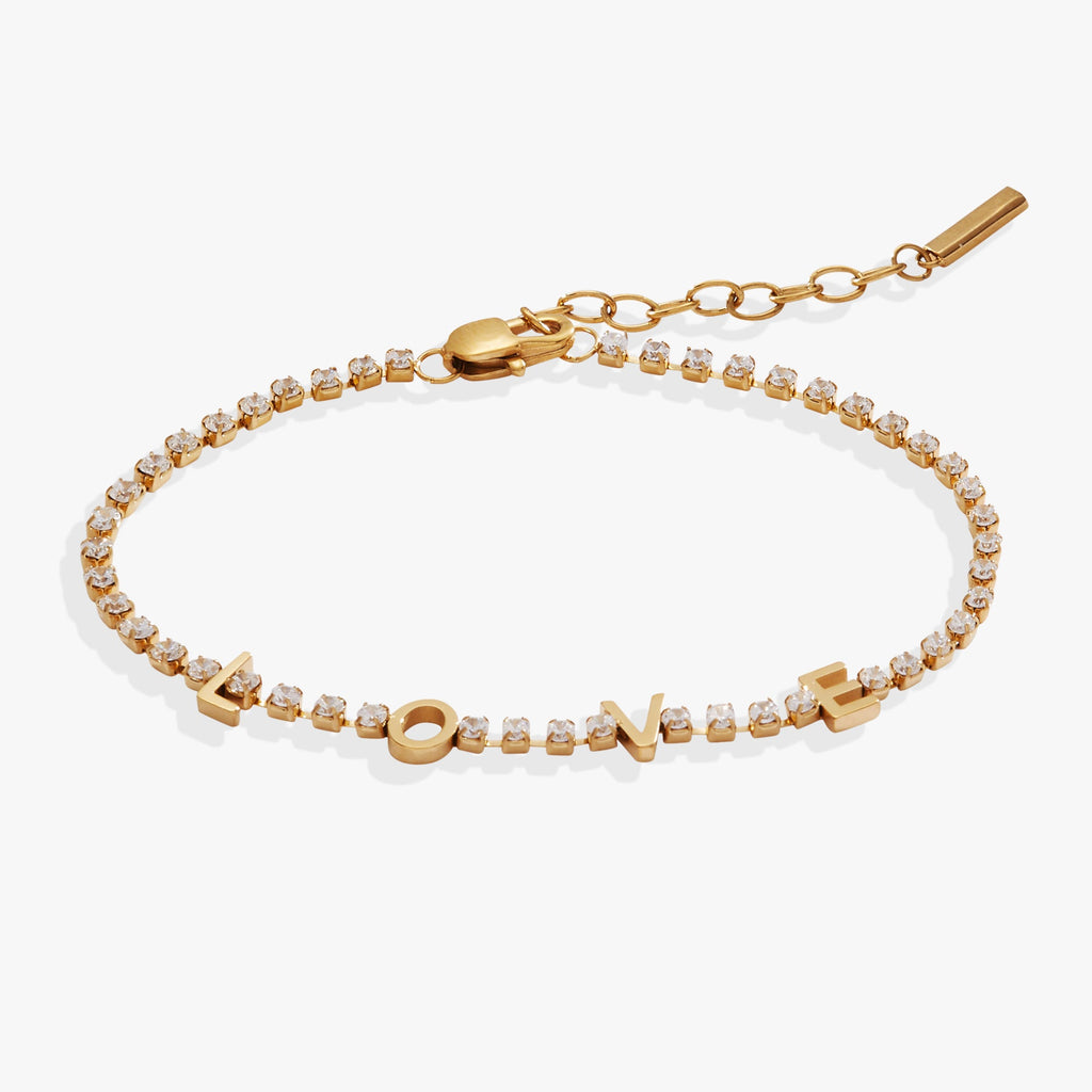Adjustable tennis bracelet featuring sparkling crystals spelling out the word LOVE.