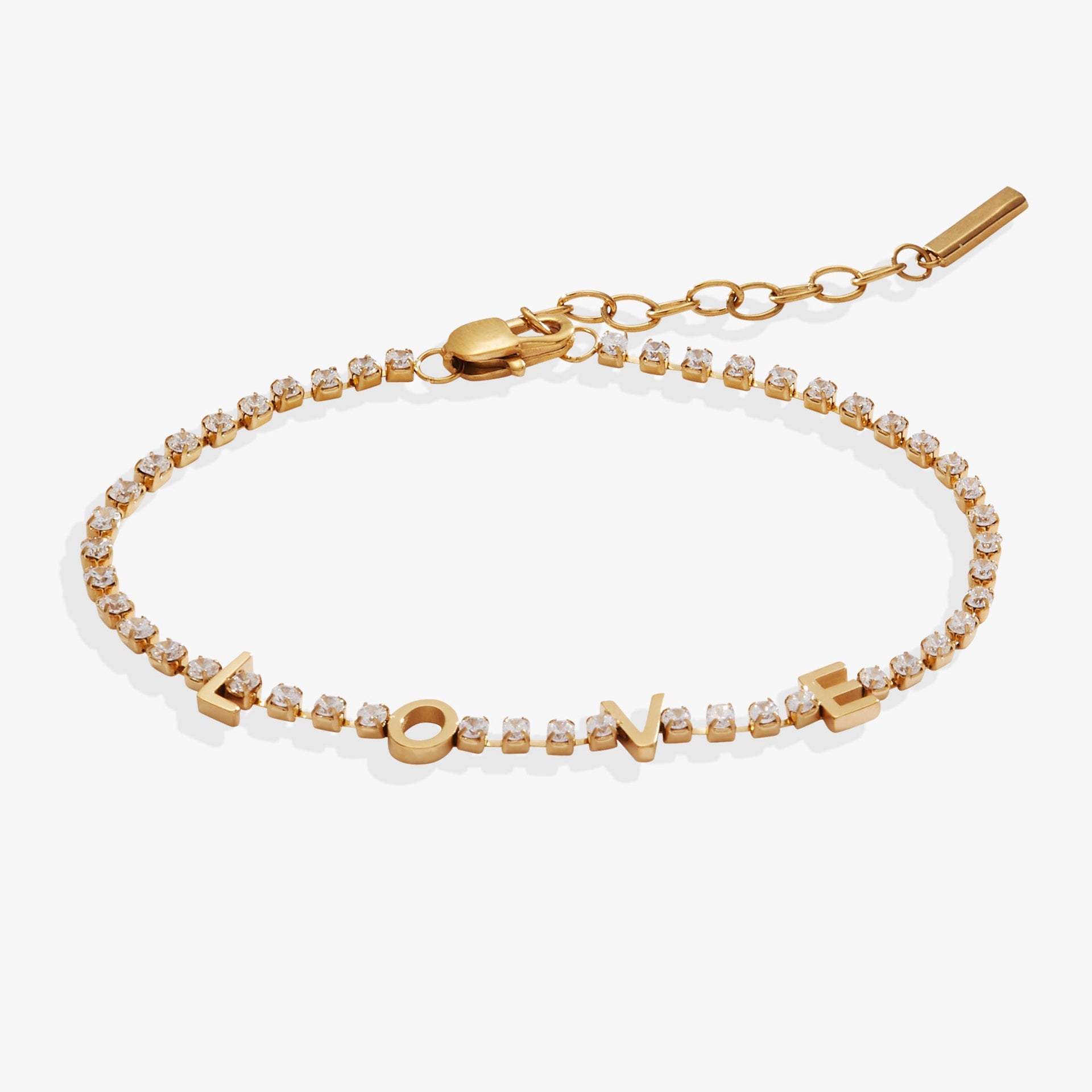 Adjustable tennis bracelet featuring sparkling crystals spelling out the word LOVE.