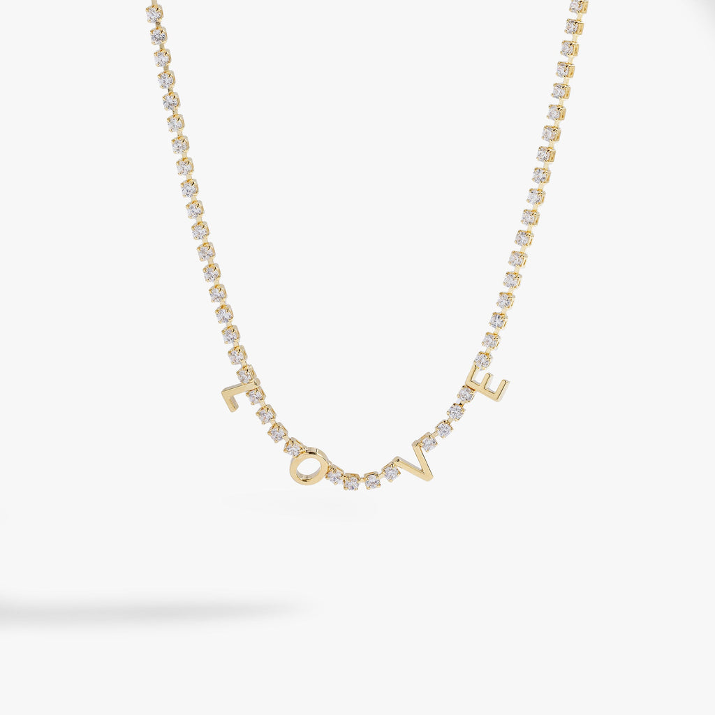 Love crystal tennis necklace with adjustable clasp and clear cubic zirconia stones