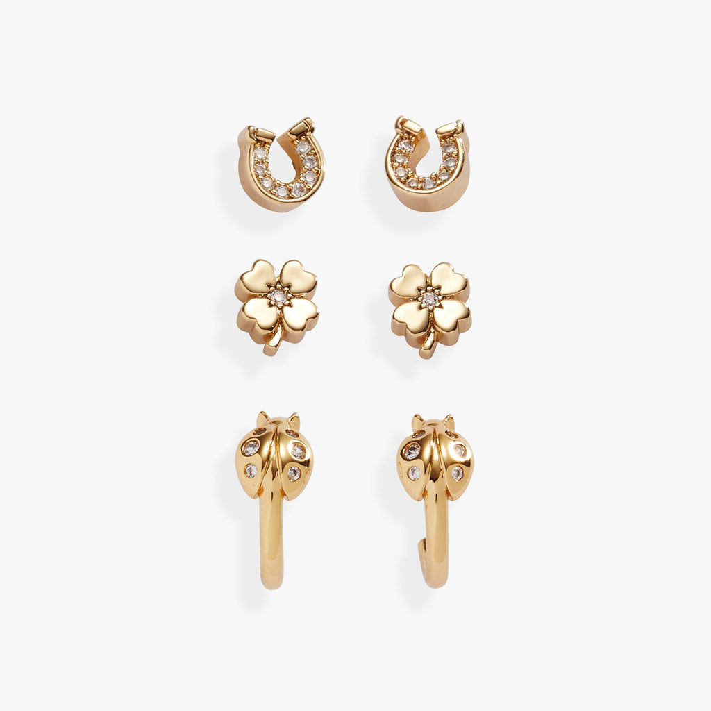 Alex And Ani Love and Luck set featuring horseshoe, four-leaf clover, and ladybug crystal earrings