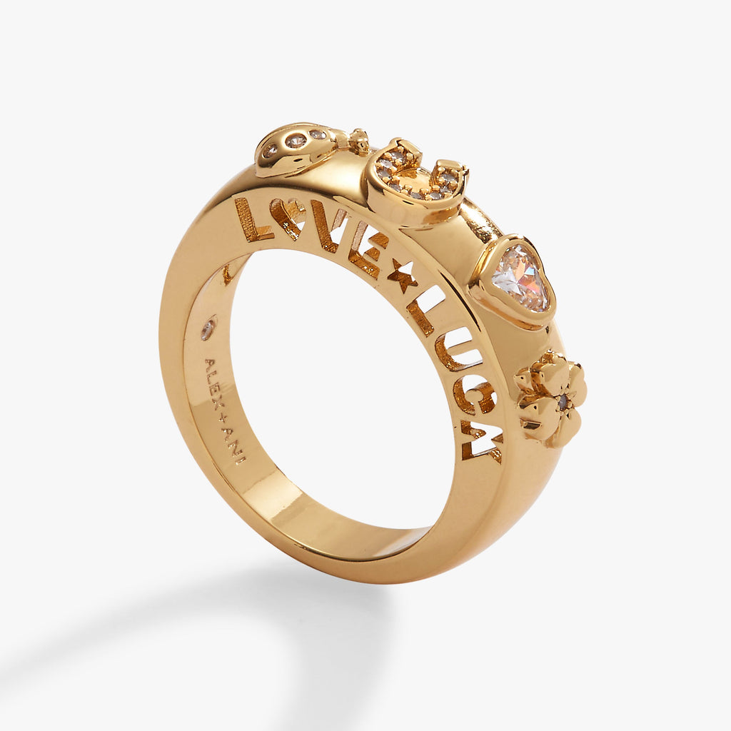 Love and Luck Open Domed Ring featuring horseshoe, four-leaf clover, ladybug, and crystal heart symbols
