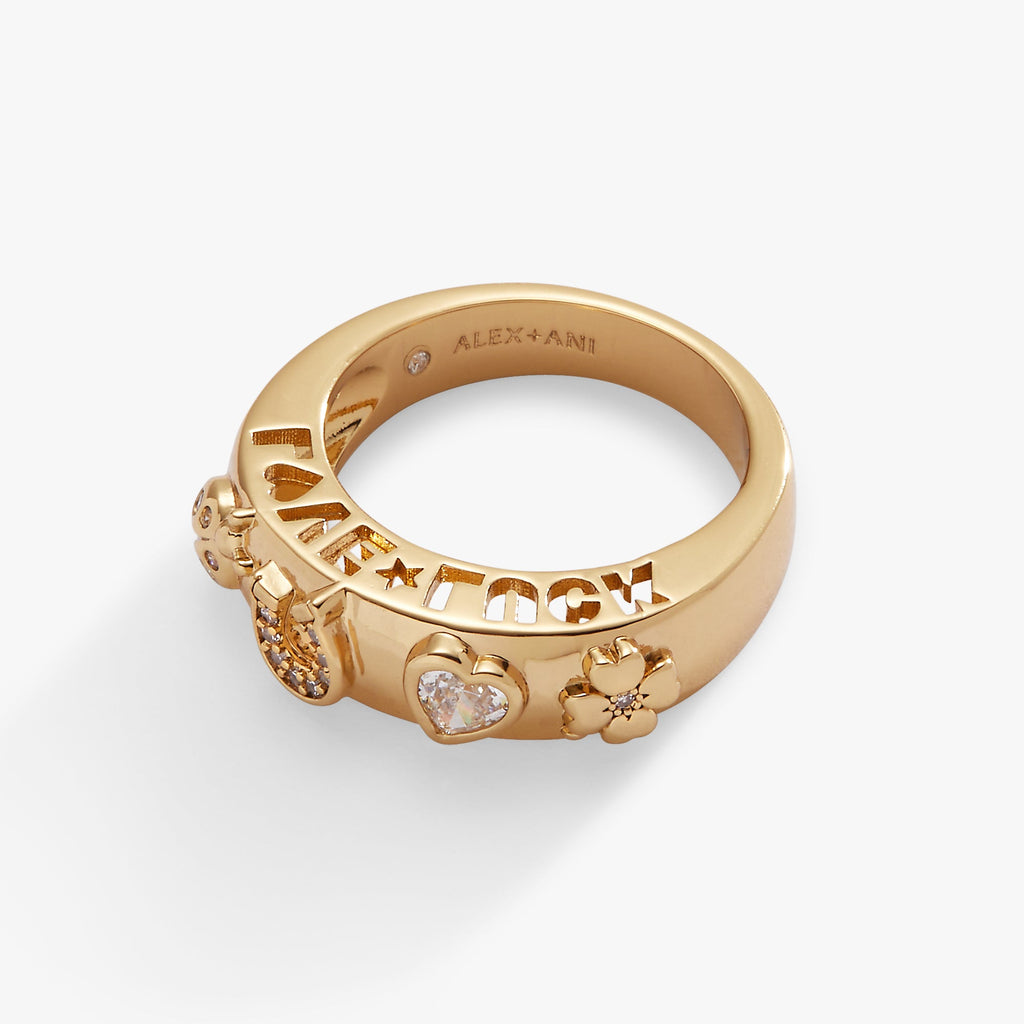 Love and Luck Open Domed Ring with Crystal-Accented Symbols
