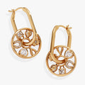 Love and Luck Wheel Hoop Earrings featuring a spinning charm with a four-leaf clover, ladybug, and crystal heart.