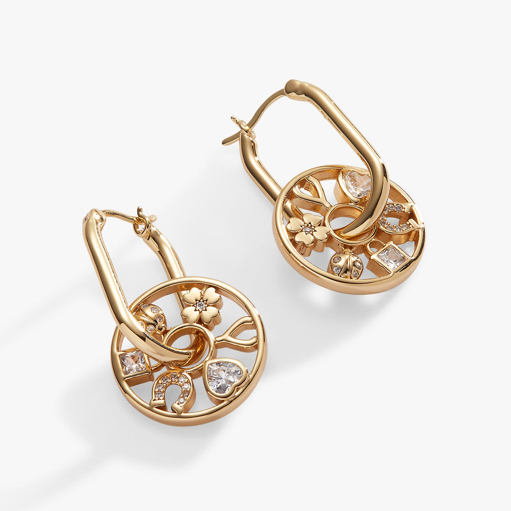 Love and Luck Wheel Hoop Earrings with Symbolic Crystal Charms