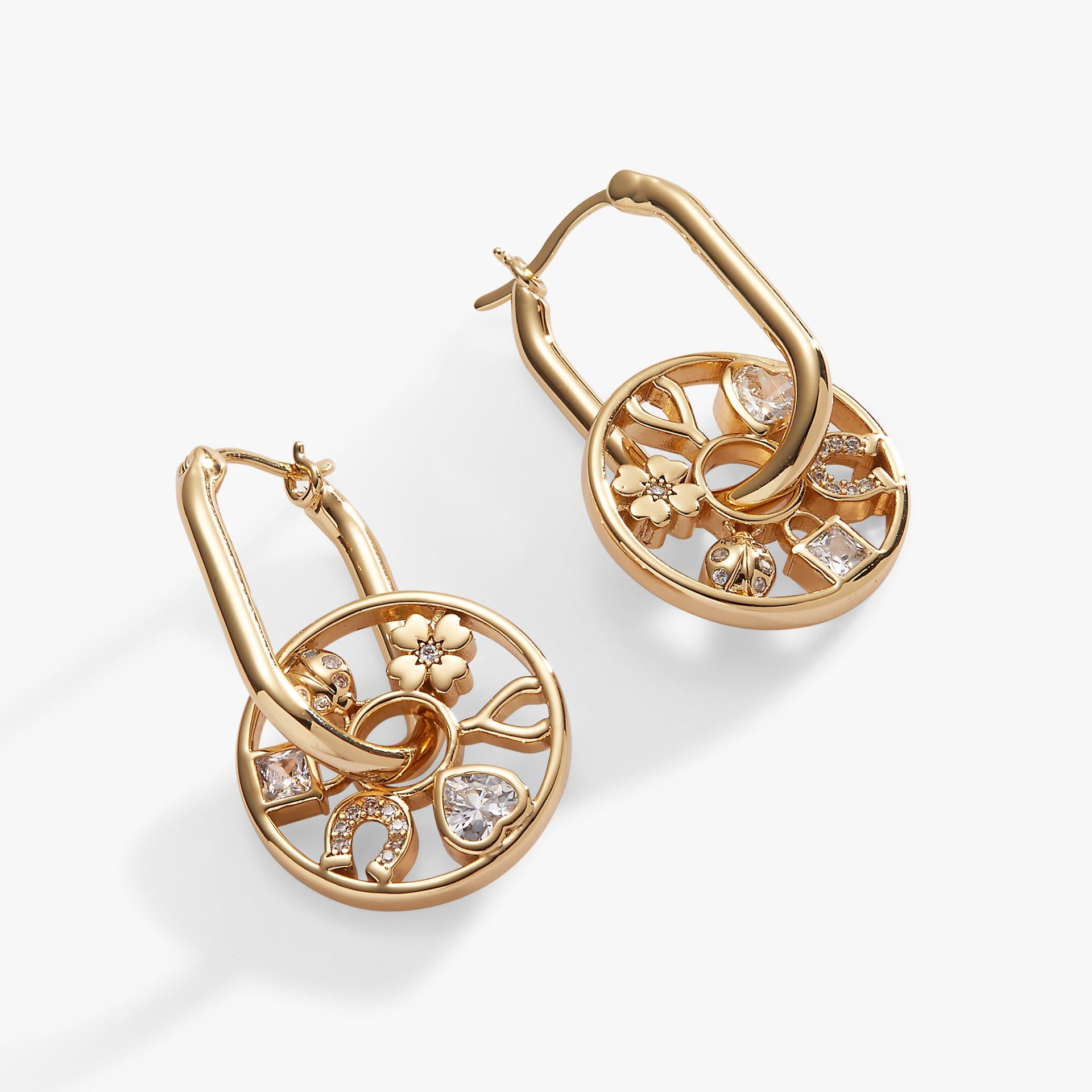 Love and Luck Wheel Hoop Earrings with Symbolic Crystal Charms