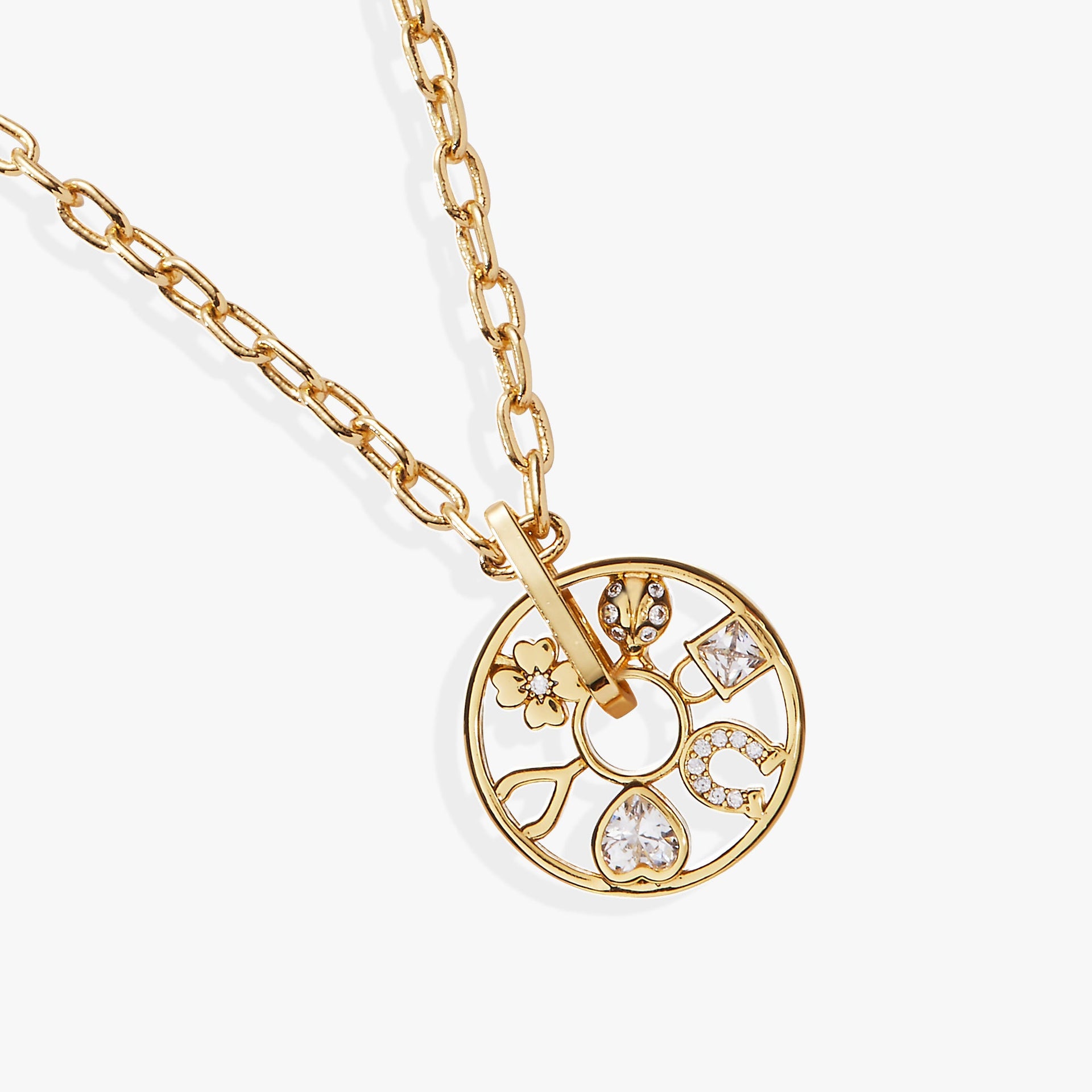 Alex And Ani Love and Luck Wheel Charm Necklace featuring a spinning charm with six crystal-accented lucky symbols