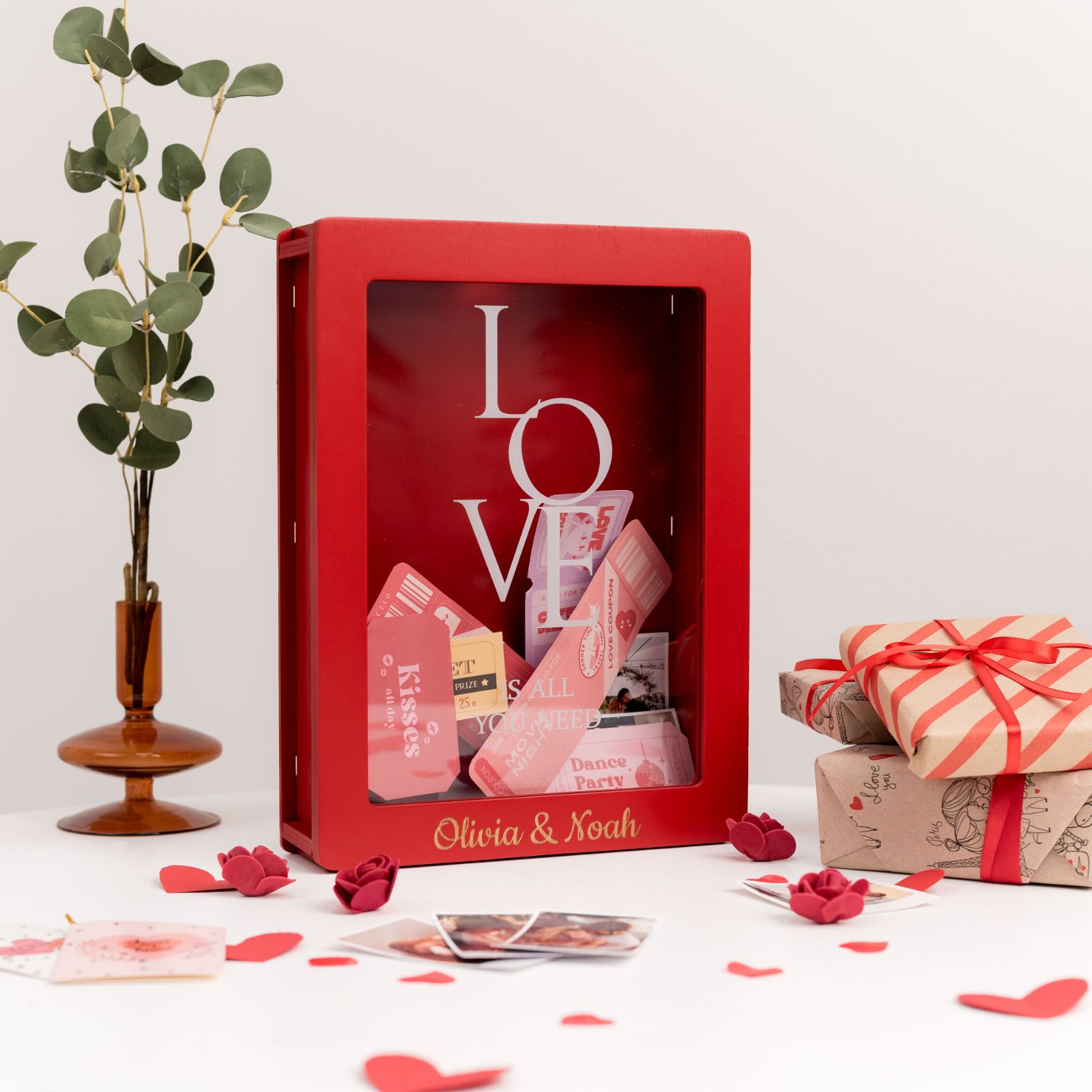 Red Wooden Travel Keepsake Box for Postcards and Souvenirs