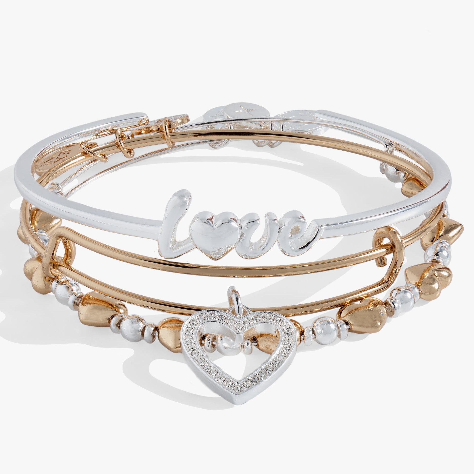 Set of three love bracelets featuring an adjustable cuff, two-tone heart beads, and an open heart charm with clear crystals.